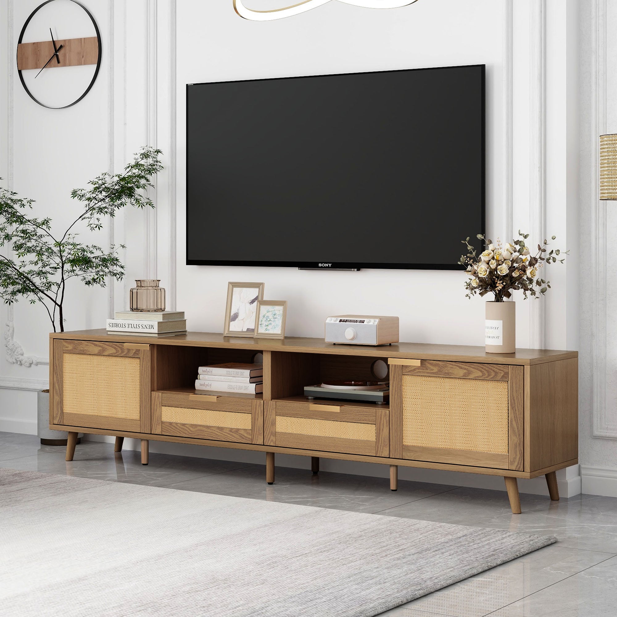 Stolik TV z Rattanem - 200x37x49 cm, Ołówkowy, Szeroki Panel, Nogi z Massywu