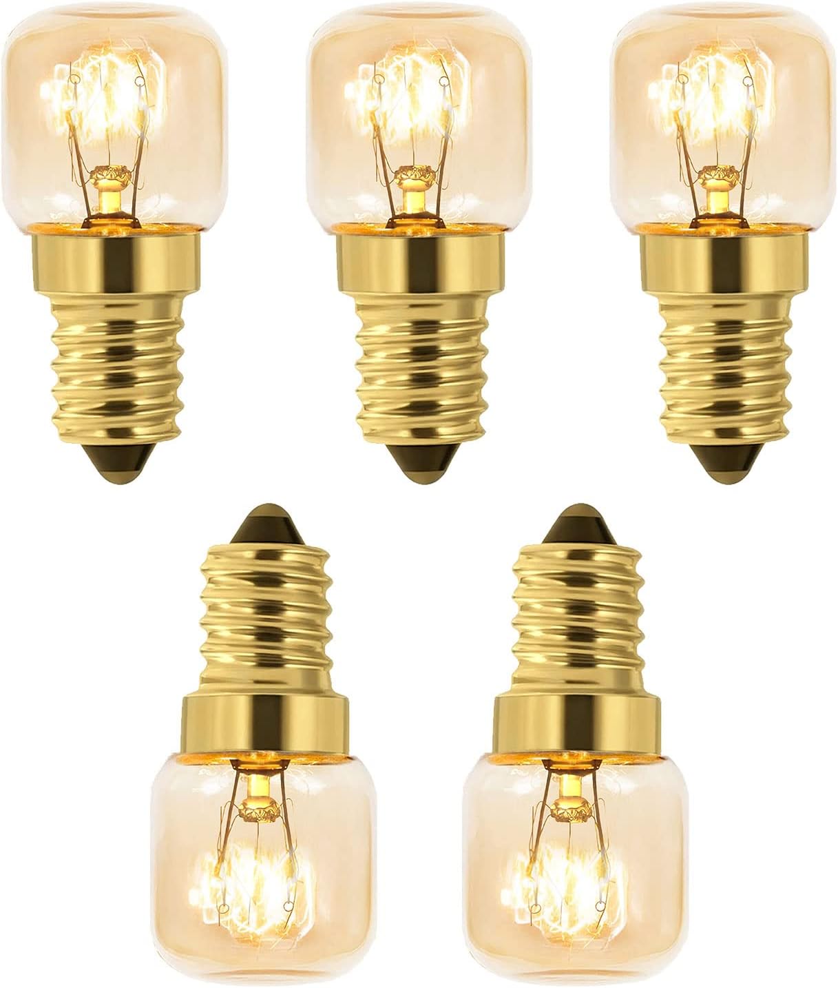 Zestaw 5 żarówek E14 T22 do piekarnika, ściemnialnych, ciepła biel 2700 K, 80 lm, prąd zmienny 230 V, odpornych na ciepło do 300 stopni, żarów