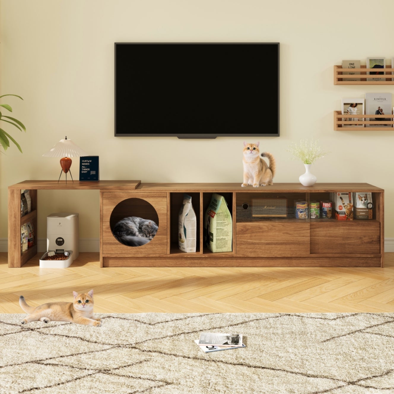 Obrotowa szafka RTV z drzwiami szklanymi i miejscem do spania dla kota - 180(+80) x 40 x 50 cm - do salonu i sypialni - MDF + szkło - orzech