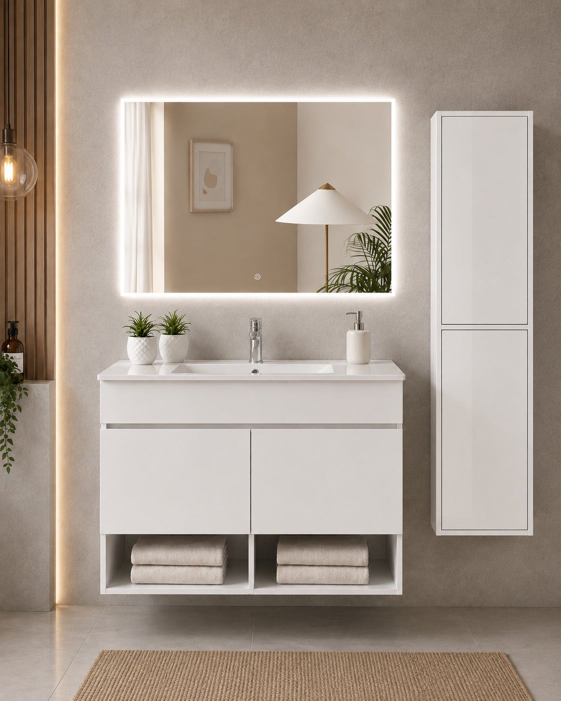 Wisząca szafka łazienkowa z umywalką ORIGENBATH NEBARI z drzwiami z kolumną 90x40 cm biały z kolumną