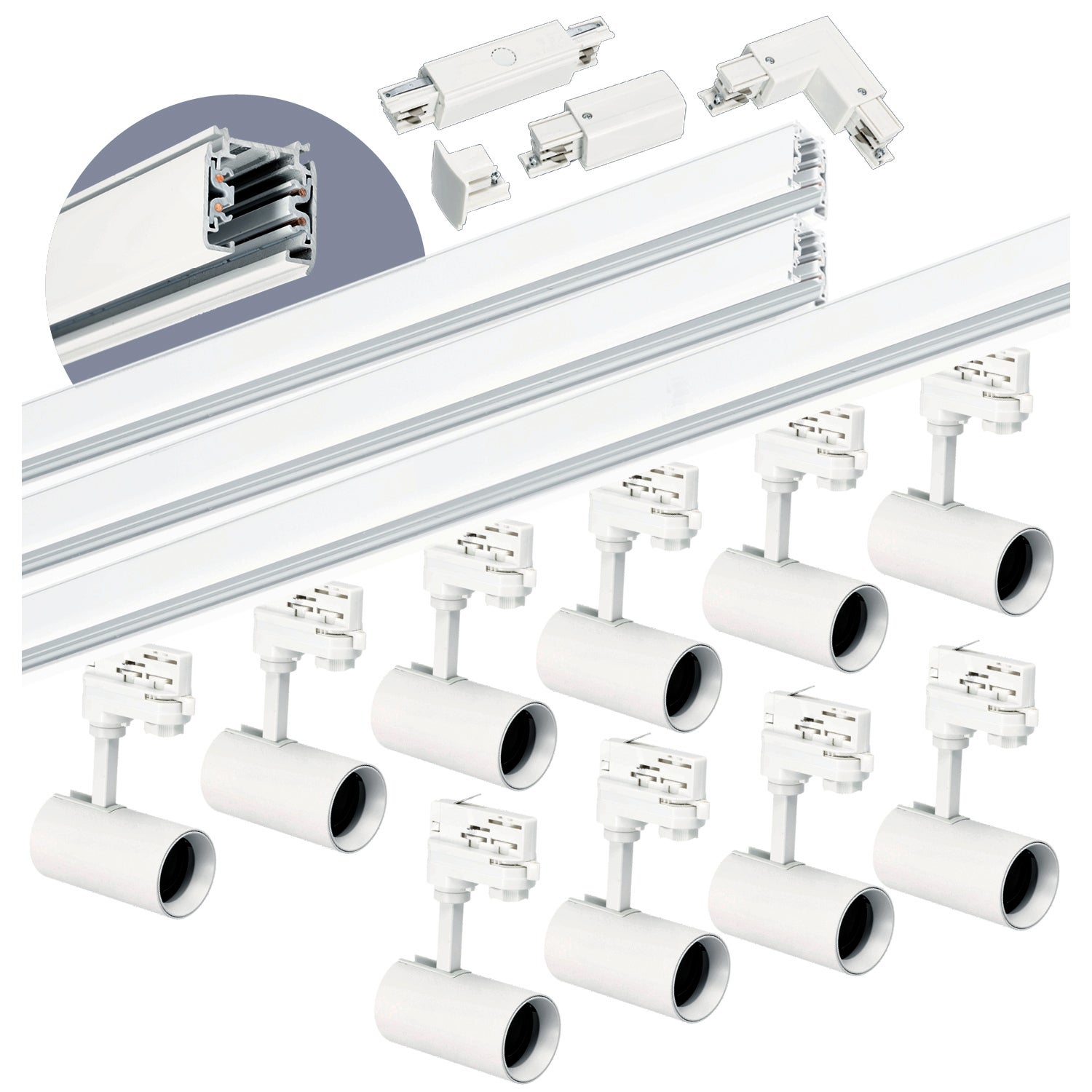 Zestaw szynowy 3-fazowy Kobi szyna 1m+1m+2m, 10x Lampa, łącznik I + L biały 1kpl.