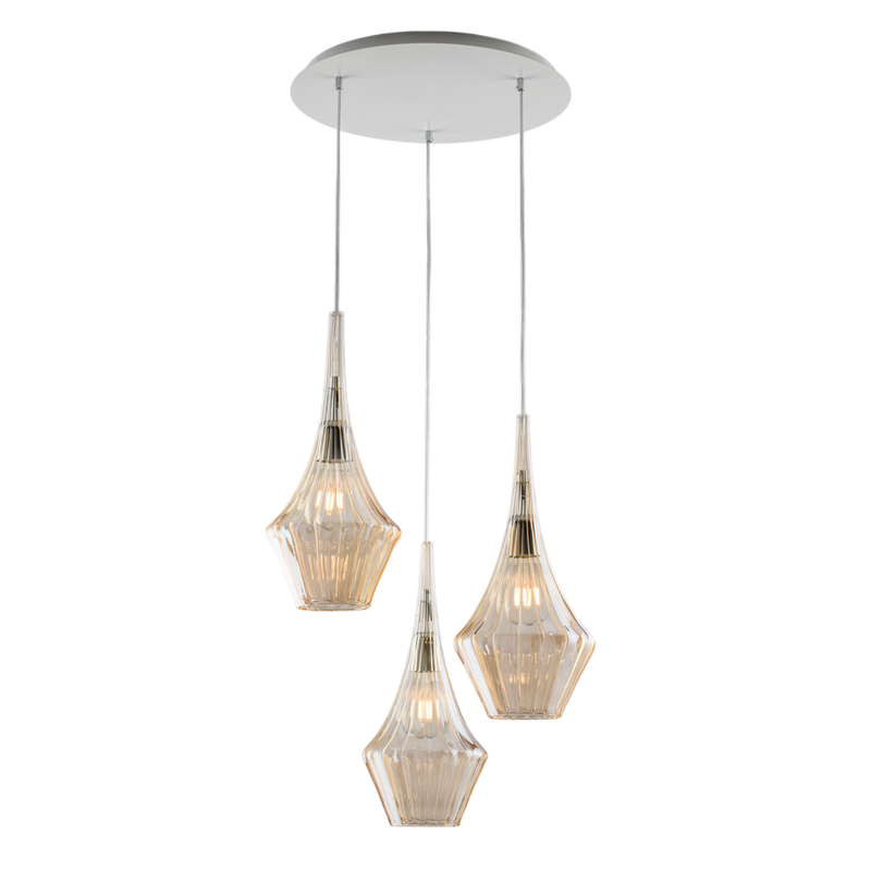 Sospensione in ferro con vetri ambra pyrex 3 luci H.49 - MAX 149 - Ø50