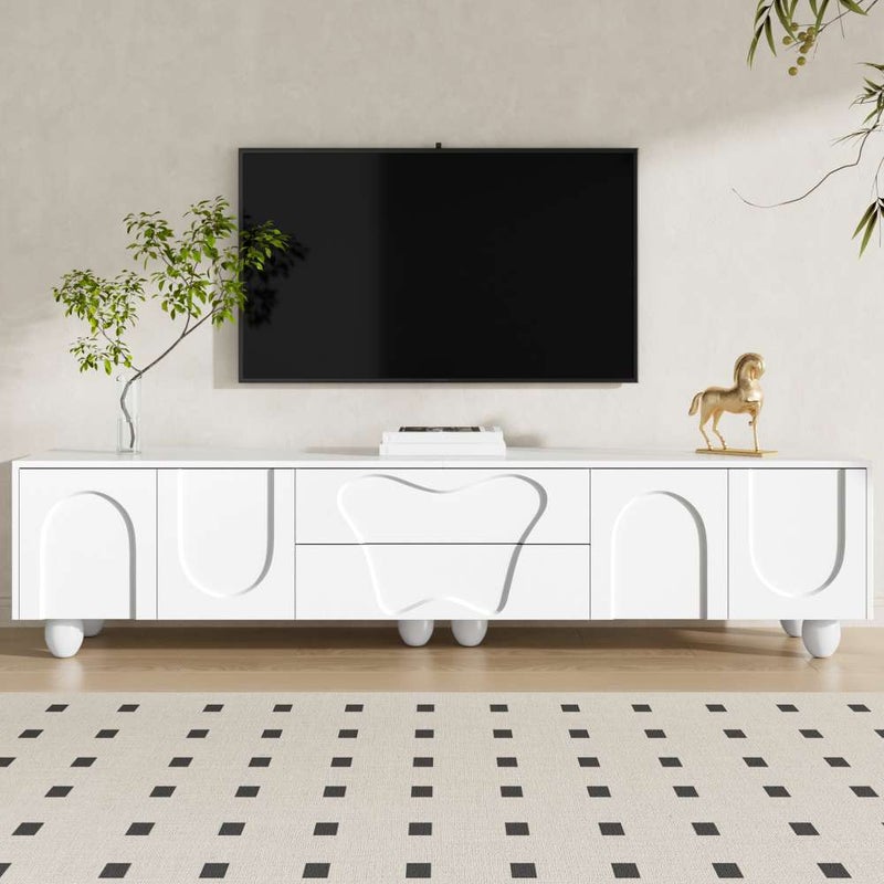 Stojak pod telewizor 180 cm z drewnianymi nogami – nowoczesny minimalistyczny design, pojemna i elegancka przestrzeń do przechowywania w salonie