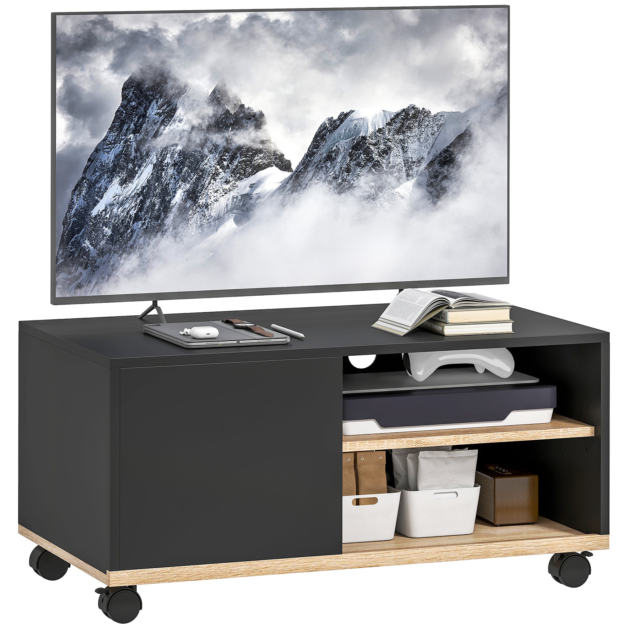 Stojak pod TV z kółkami, stół do salonu, do telewizorów 42-calowych, z drzwiami i 2 półkami, 80x45x41 cm, czarny