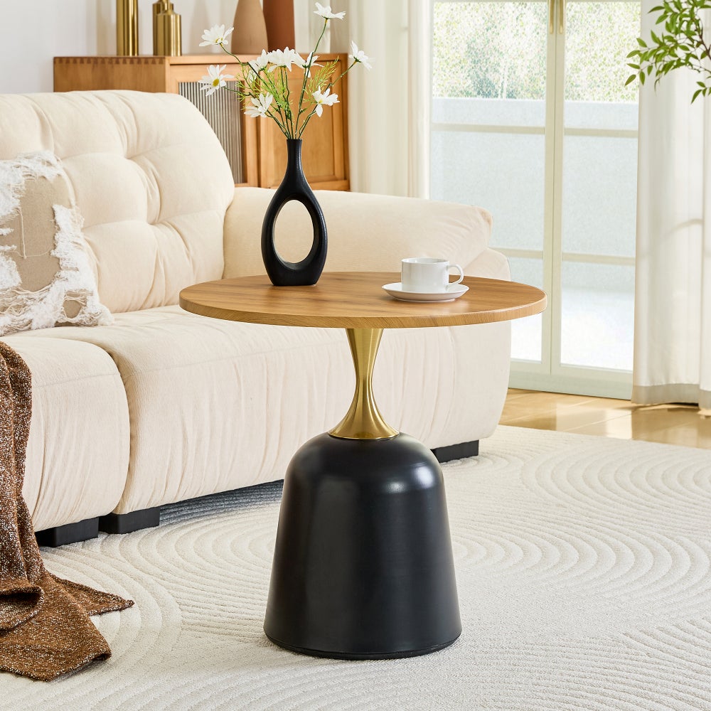 Okrągły stolik pomocniczy 60 cm, blat laminowany w efekcie drewna/marmuru, noga metalowa, stolik do salonu, sypialni i spotkań