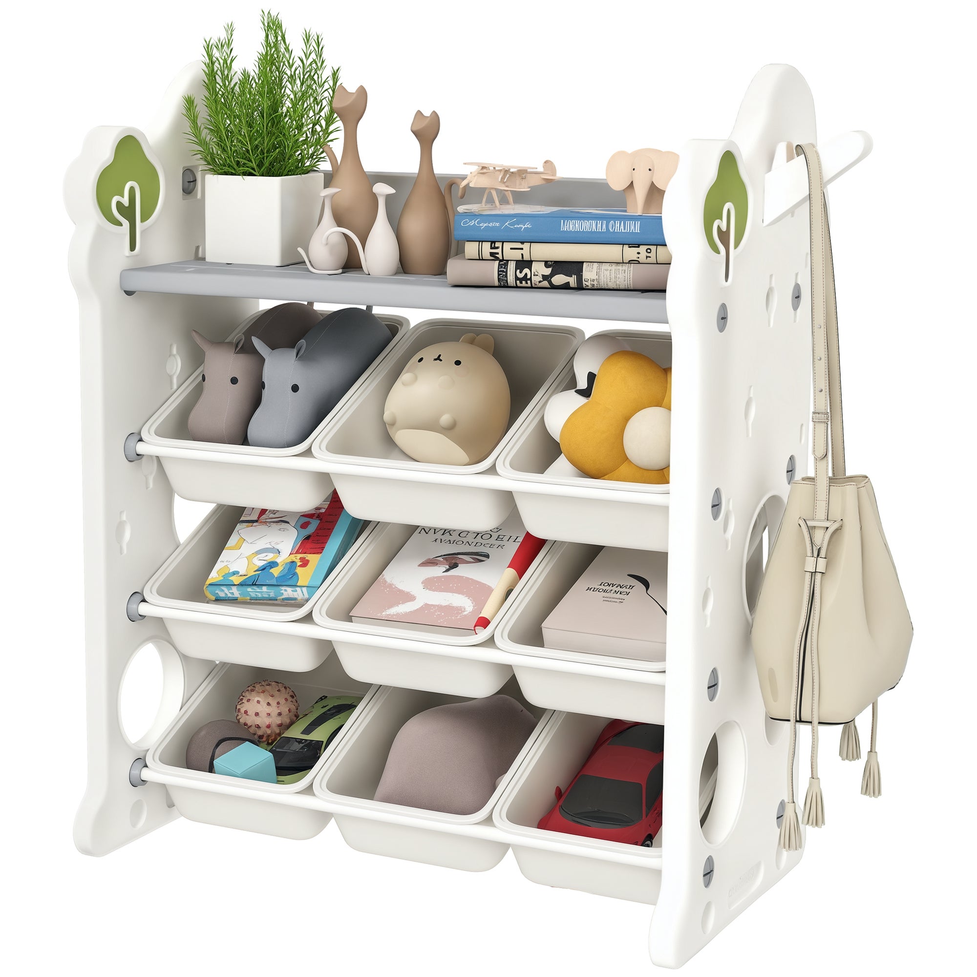 4-poziomowa szafka na zabawki z 9 pojemnikami i bocznym haczykiem, HDPE, 77 x 42 x 94 cm, kremowo-biały