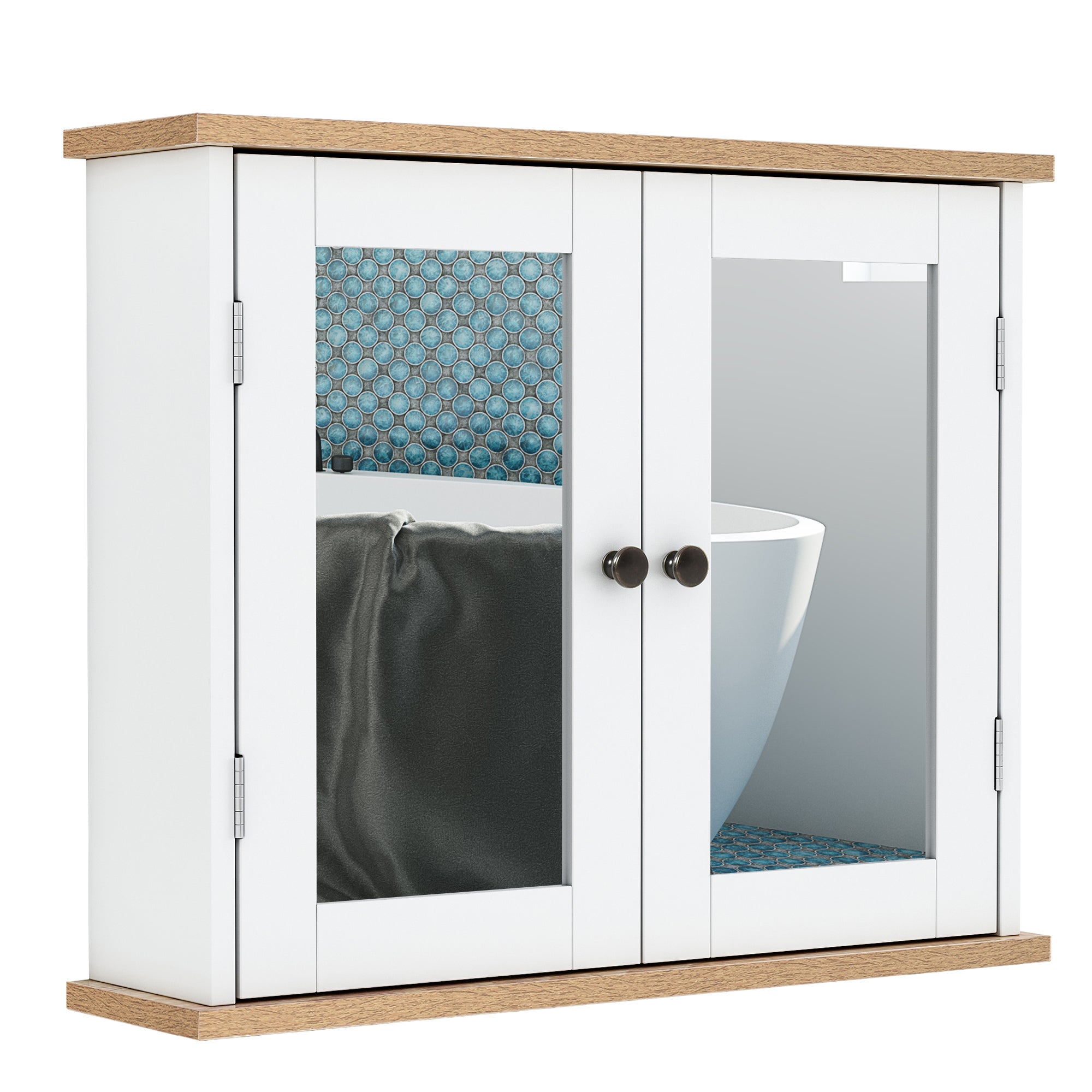Szafka łazienkowa wisząca z lustrem, 2 półkami, 1 półką regulowaną i 2 drewnianymi drzwiami – wymiary: 56 cm (szer.) x 14 cm (gł.) x 46 cm (wys.)