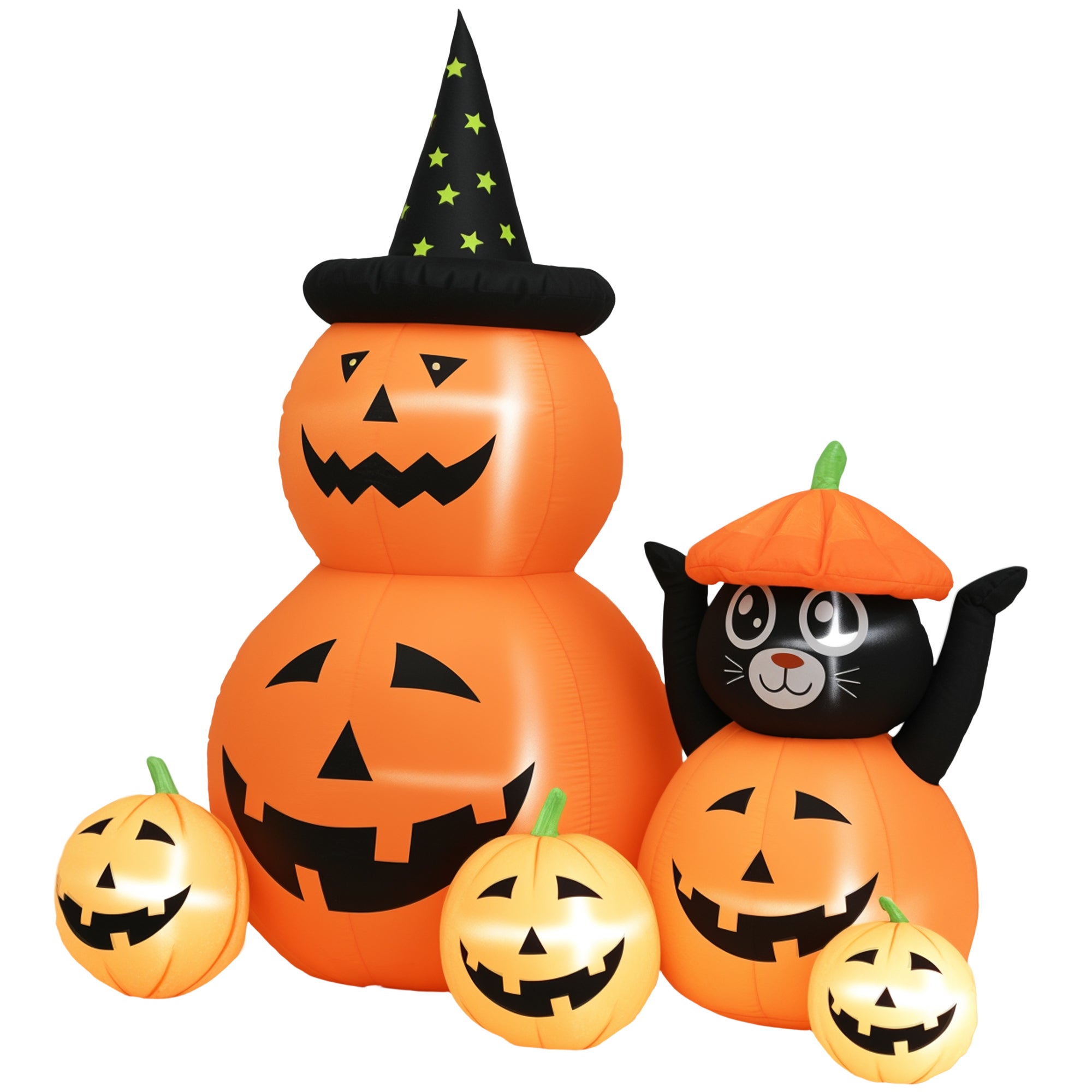 Nadmuchiwany kot w kształcie dyni na Halloween z 6 nogami, światłami LED, IP44, w zestawie pompka, pomarańczowy
