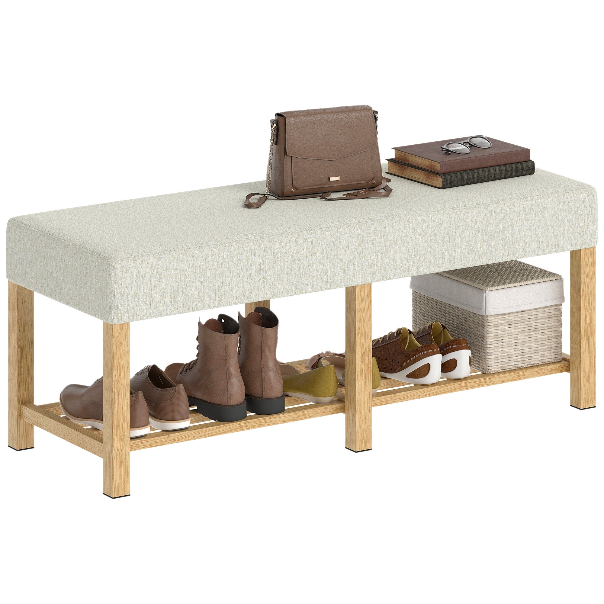 Ławka na buty, przechowywanie ławka z wyściełany siedzisko, otwarta pó��ka, element drewno, 120x44x48cm, naturalne drewno