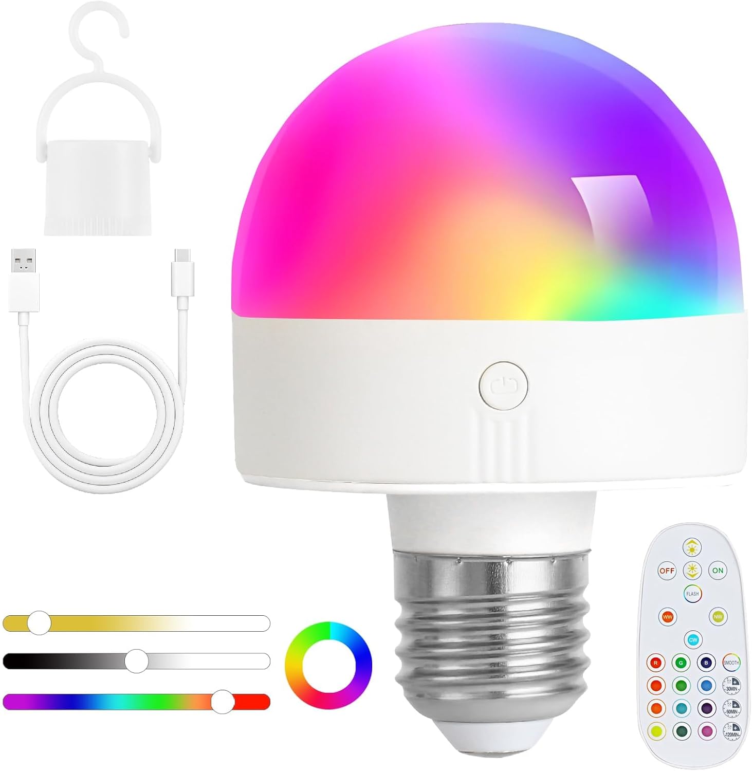 Wyjmowana żarówka LED E14, 5 W, 2000 mAh, żarówka ładowalna z bezprzewodową ładowarką magnetyczną i portem USB-C z pilotem, ściemnialne żarówki zasila