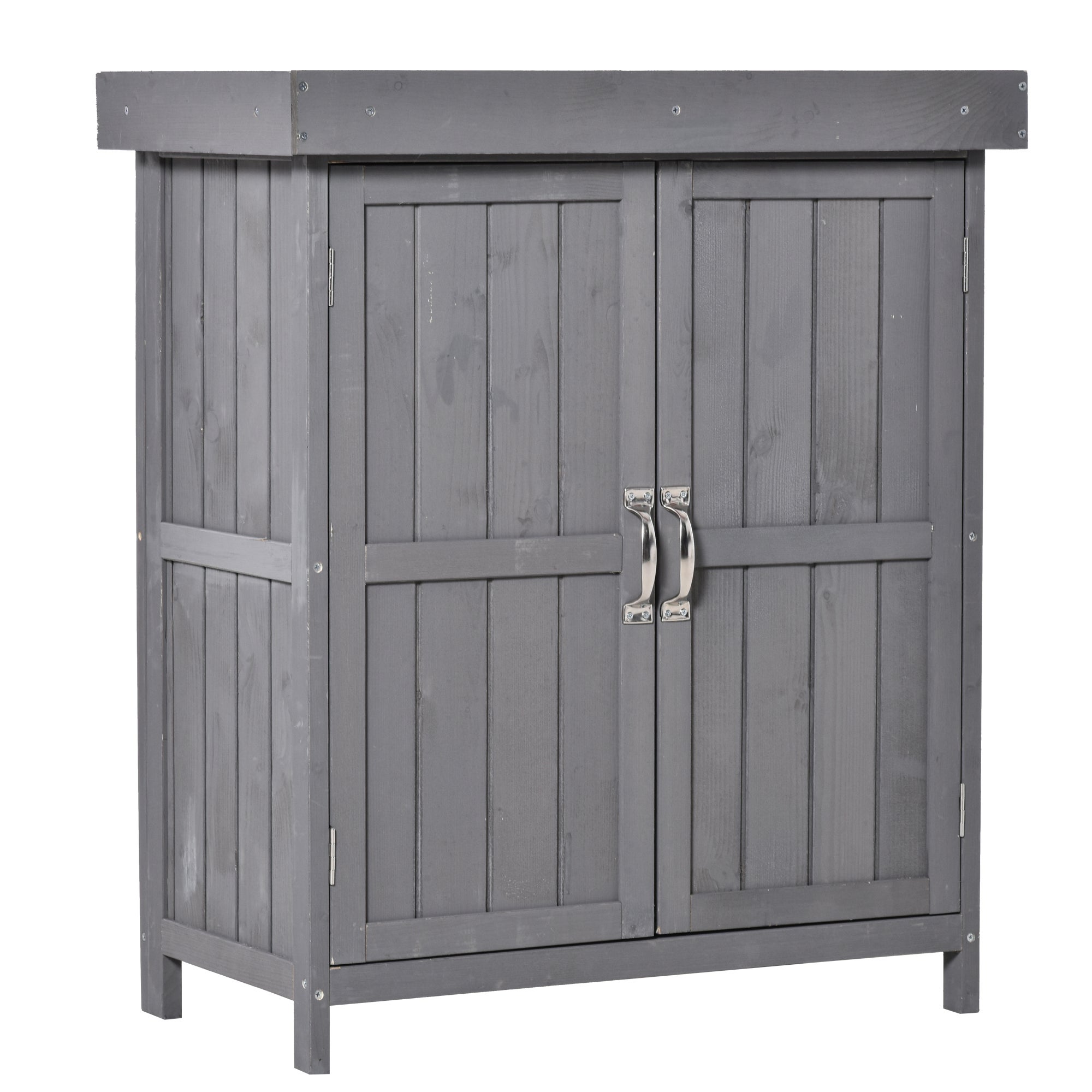 Szafka ogrodowa z drewna jodłowego, ciemnoszary mebel do przechowywania z podwójnymi drzwiami, praktyczne półki na taras & balkon 74x43x88cm