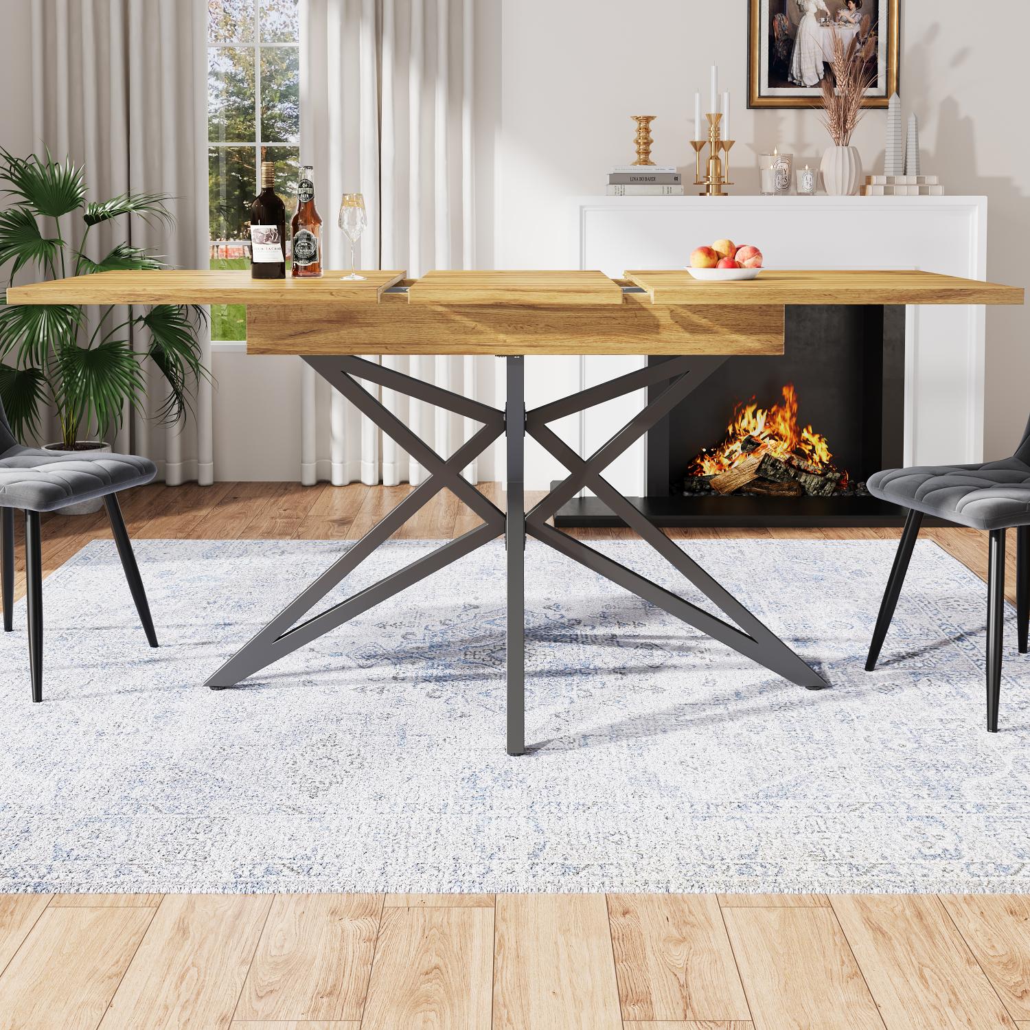 Rozkładany stół 120-160x80 cm z blatem w efekcie orzecha, metalowe nogi w kształcie gwiazdy, dla 6–8 osób