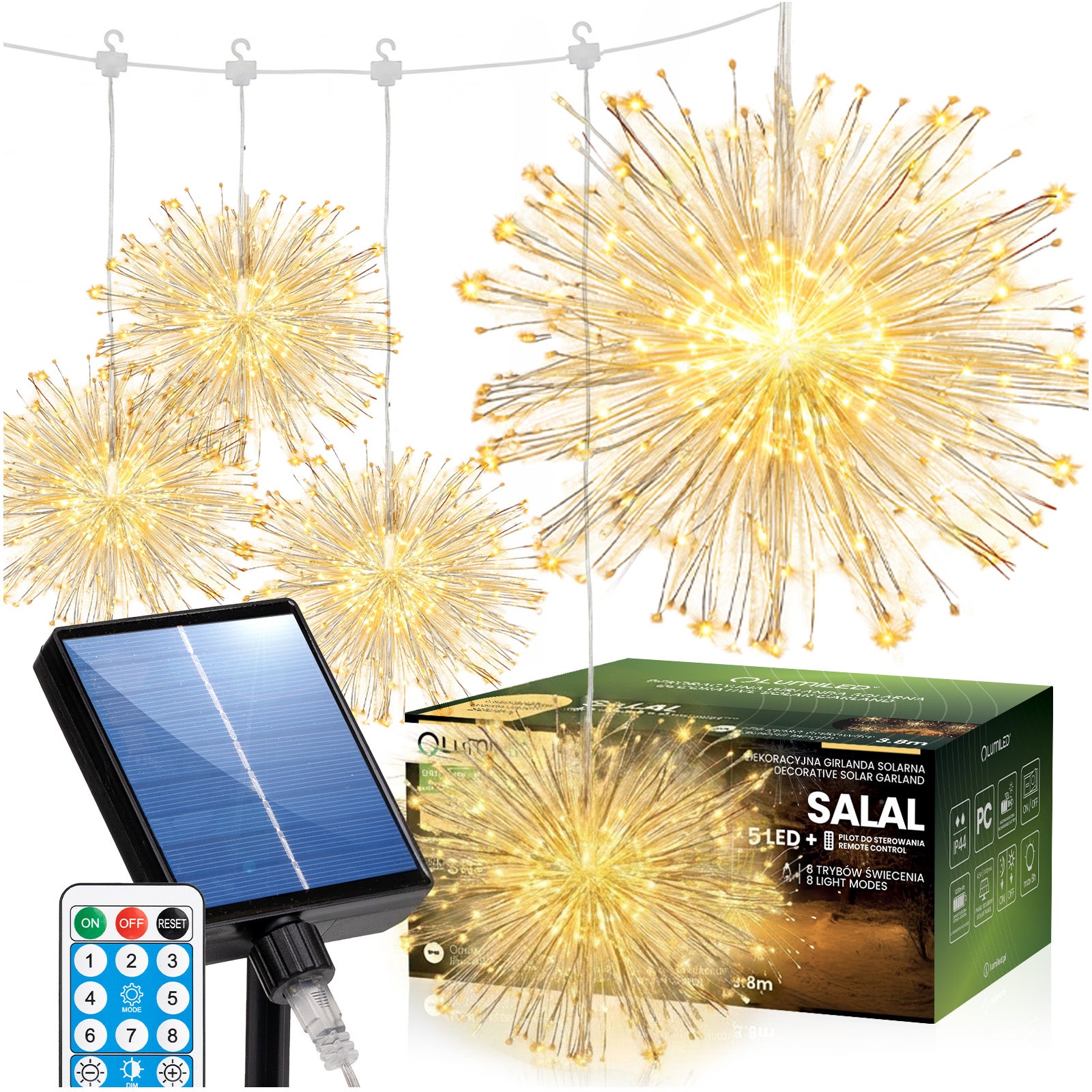 Girlanda Solarna Ogrodowa Dmuchawiec Dekoracyjna 450LED 3,8m 3000K Ciepła Biel + Pilot SALAL Lumiled