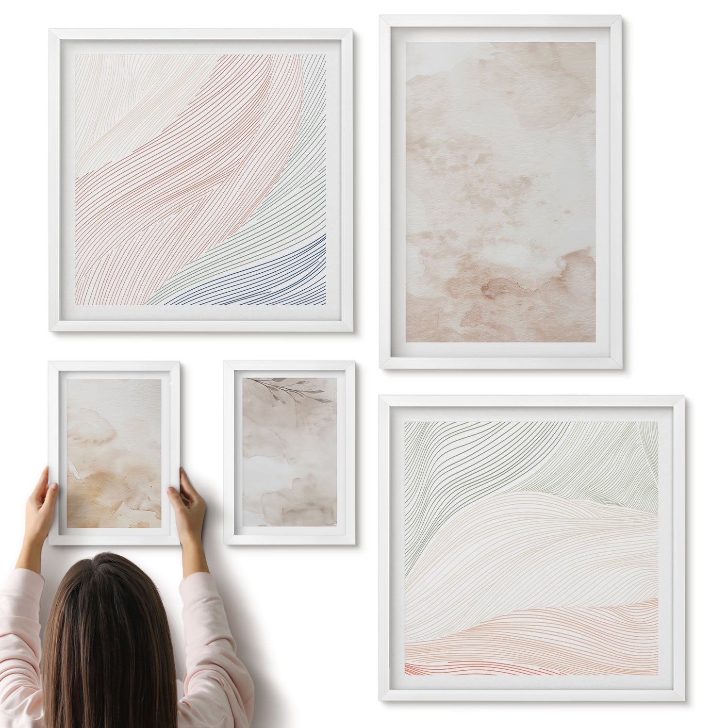 Galeria ścienna 5-częściowy komplet obrazów w białych ramach - Akwarelowe plamy i liście w pastelowych barwach - ArtPrintCave