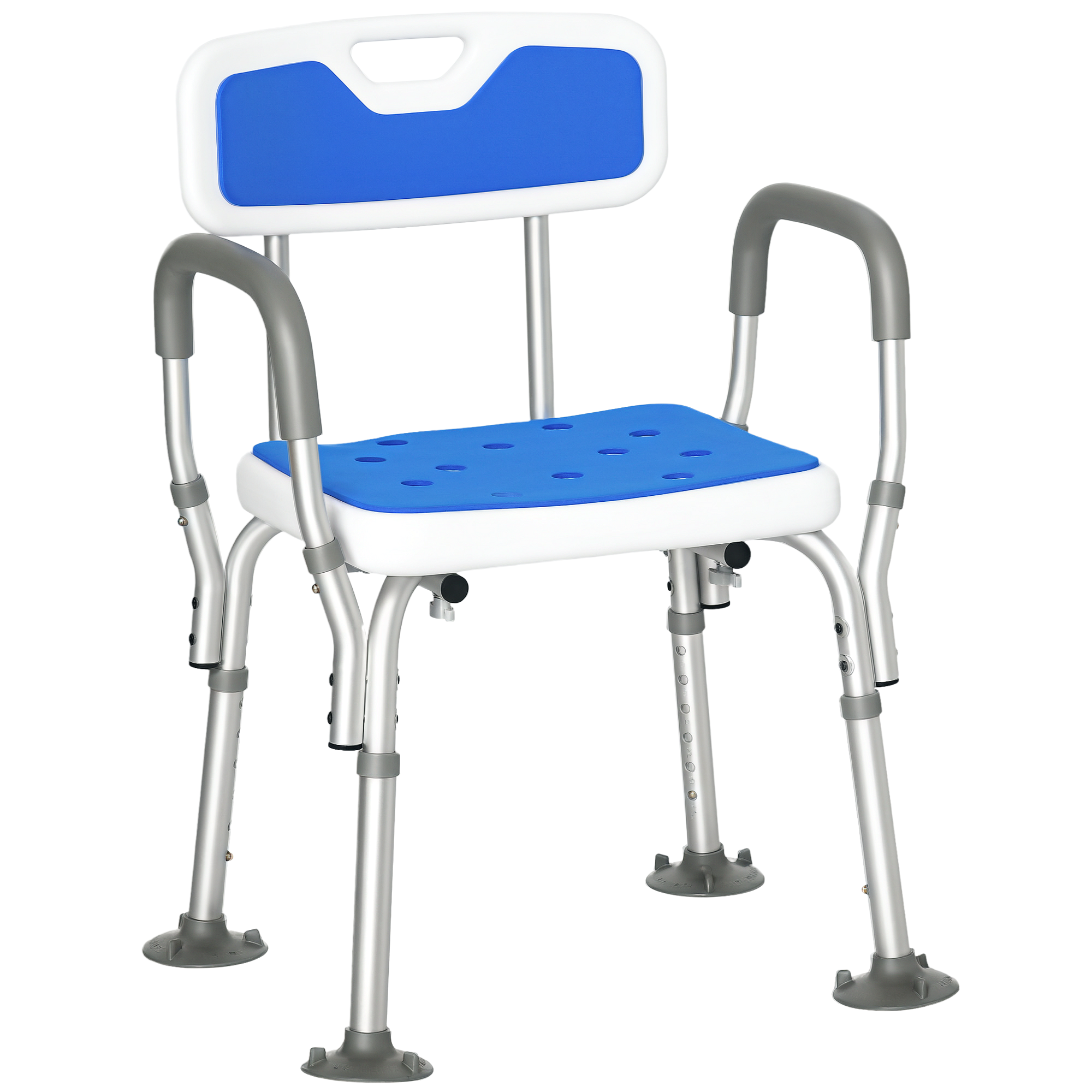 Taboret prysznicowy, ergonomiczne krzesło prysznicowe, regulowana wysokość, antypoślizgowe nóżki, 56,5 x 53,5 x 87 cm, biało-niebieski