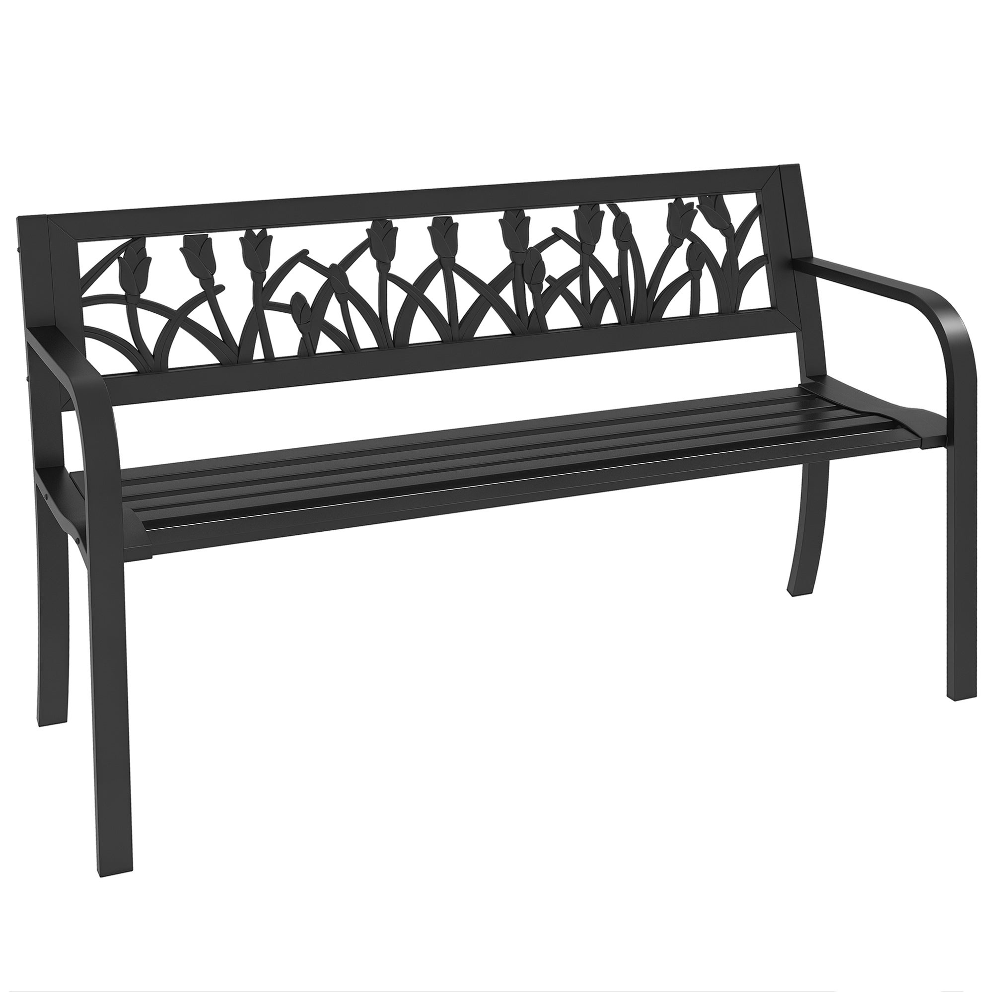 Dwuosobowa ławka ogrodowa ze stali z ozdobnym oparciem i podłokietnikami, 125 x 50 x 75 cm, kolor czarny