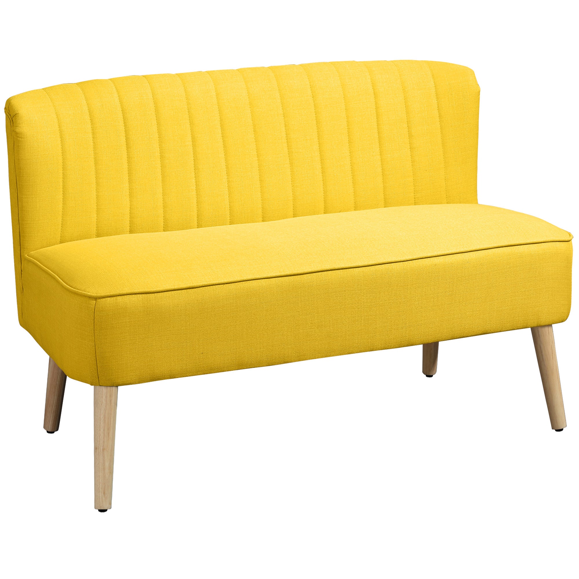 Sofa dwuosobowa w tkaninie imitującej len, bez podłokietników, nogi drewniane, 117 x 56,5 x 77 cm, kolor żółty