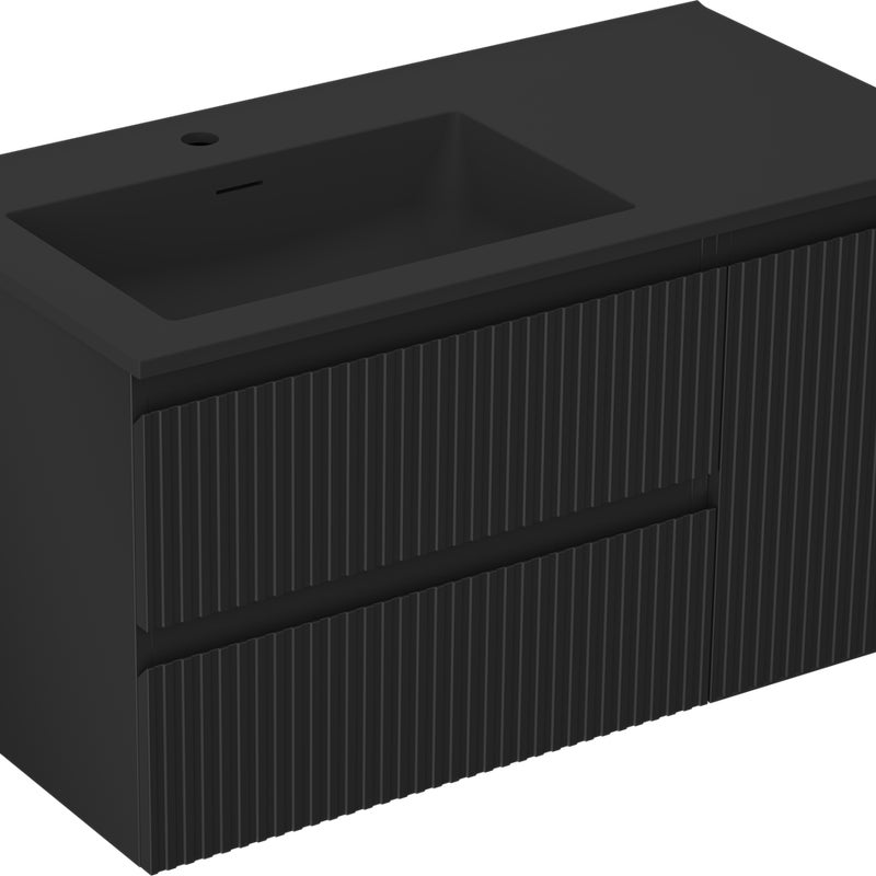 Mexen Rivel szafka łazienkowa 90 cm z umywalką Otis lewą, 2S, 1D, ryflowana, czarna mat - 91A23-09047-3-BBFFF71-W18L71