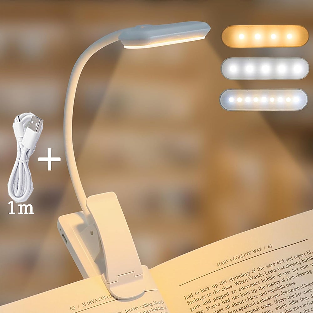 Biała, mocowana na klipsie lampka do czytania, ładowanie przez USB, 3 tryby ochrony oczu, płynne przyciemnianie, elastyczna szyjka lampy 360°