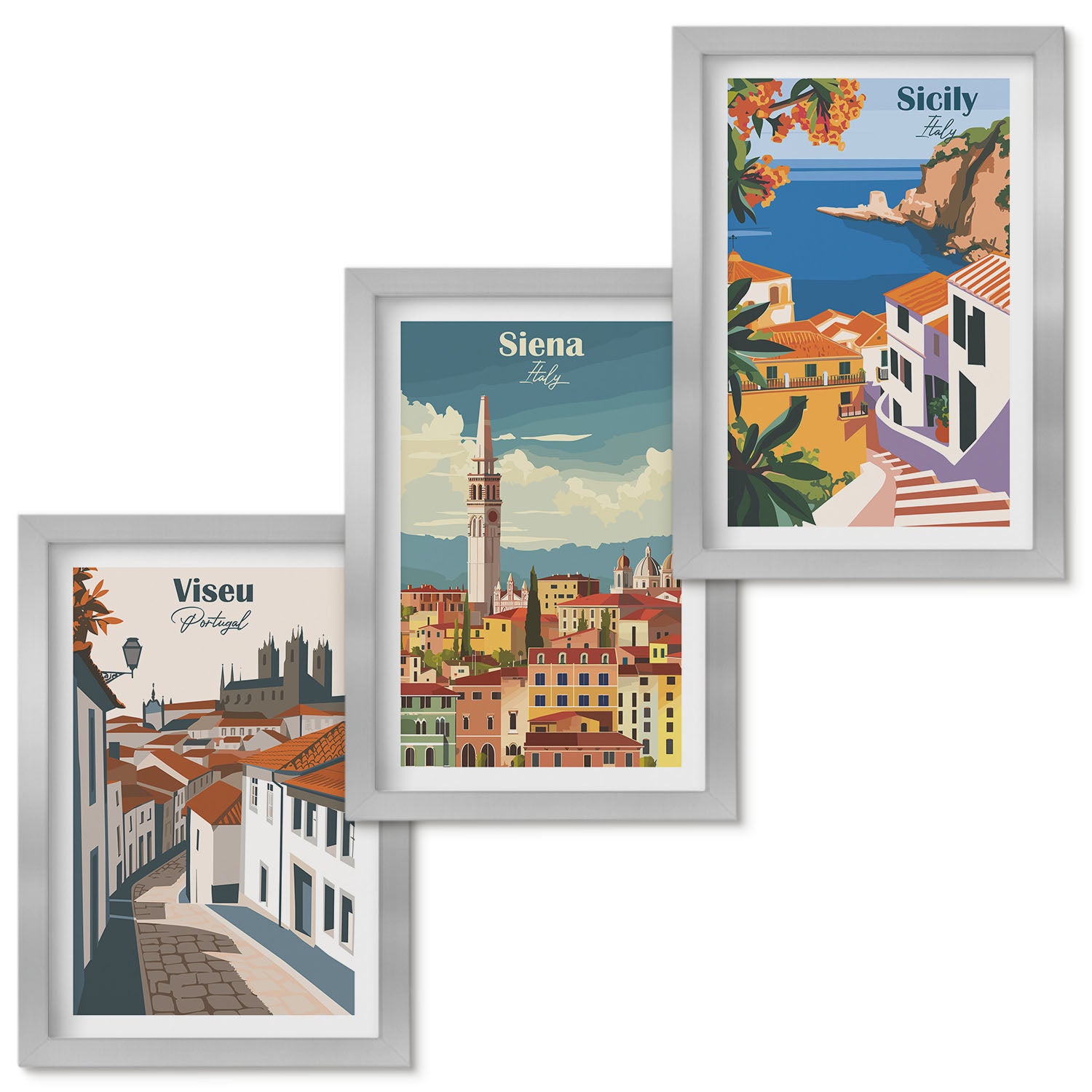 Zestaw obrazów w ramie - 3 części | Retro ilustracje znanych miast świata | Srebrna ramka