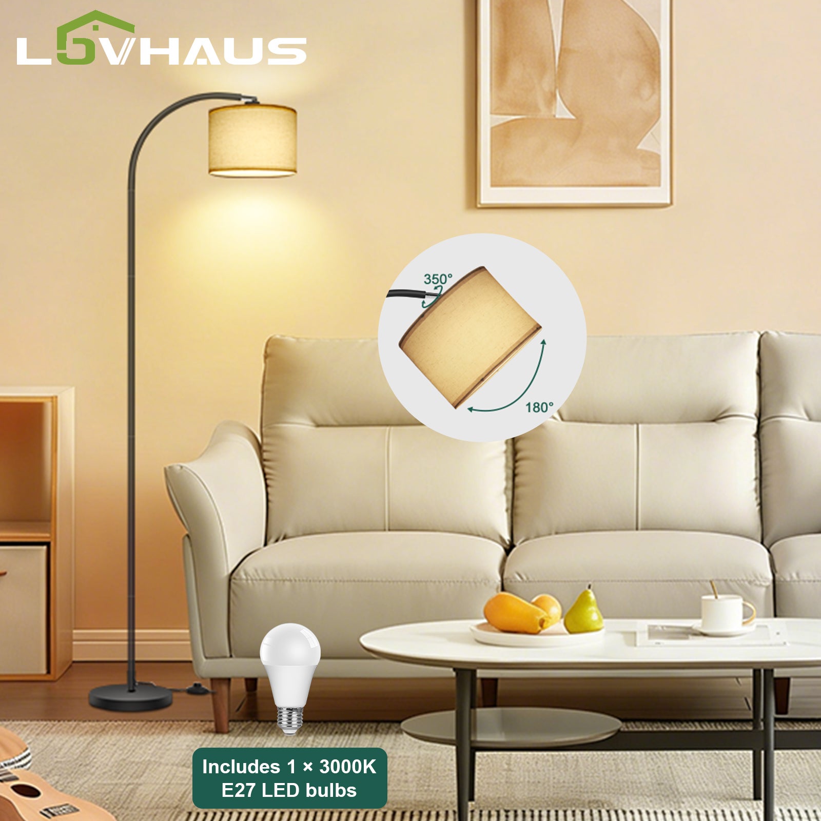 Lampa podłogowa do salonu 170 cm łukowa czarna, abażur z beżowego lnu, E27 LED, lampa do czytania do sypialni, przełącznik nożny, nowoczesna, LOVHAUS
