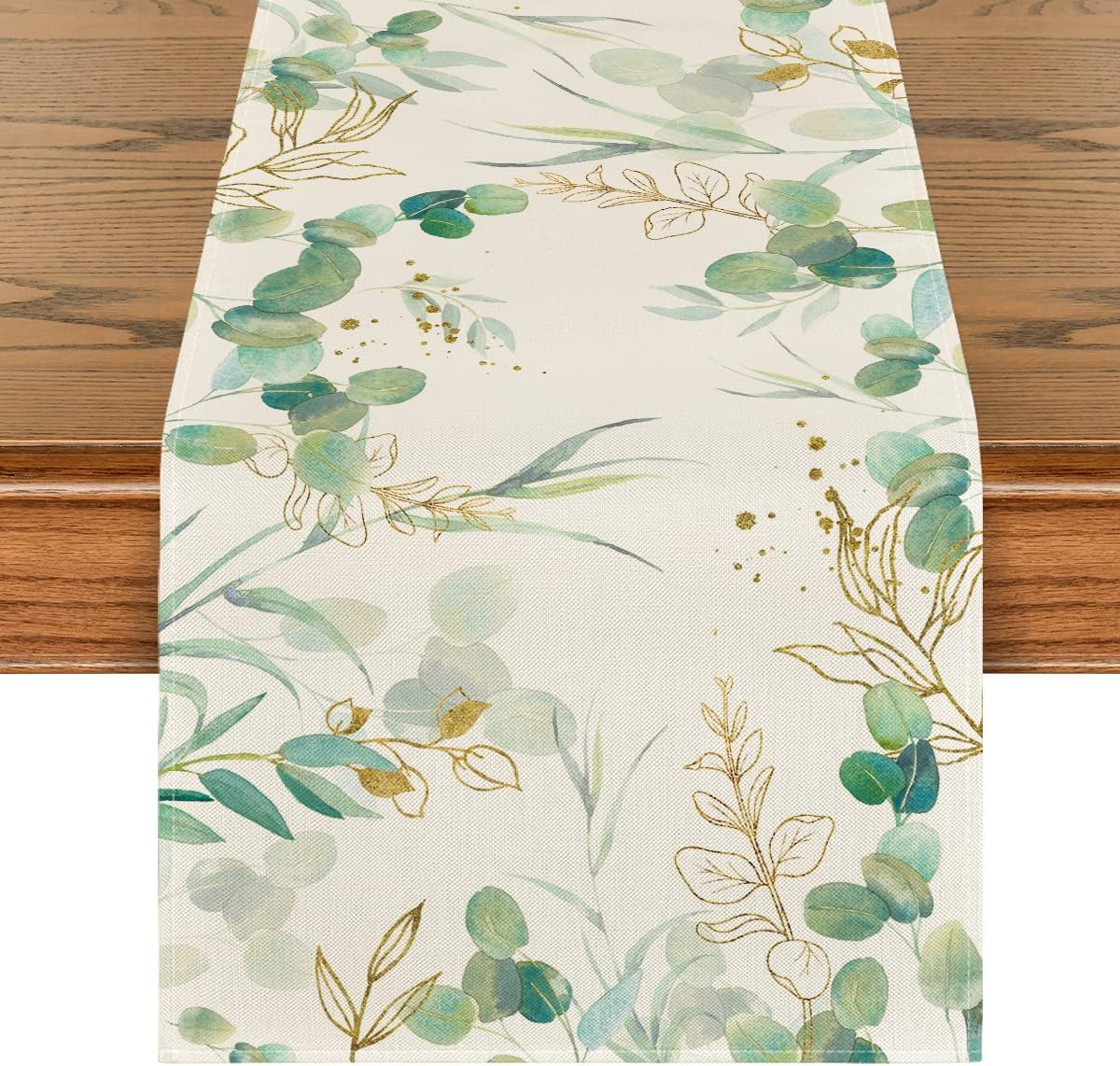 Bieżnik na stół letni z motywem liści eukaliptusa, wiosenna dekoracja stołu kuchennego na przyjęcie świąteczne w domu, 40x140 cm