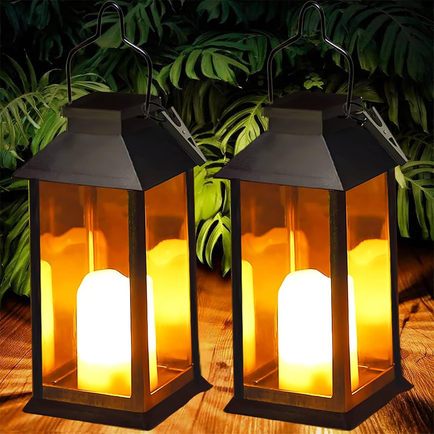 Lanterne Solaire Exterieur 2 Pièces Lampe Solaire avec Bougie Vacillante, Lampe de Table Solaire Étanche Suspension, Poser pour Balcon Jardin Terrasse