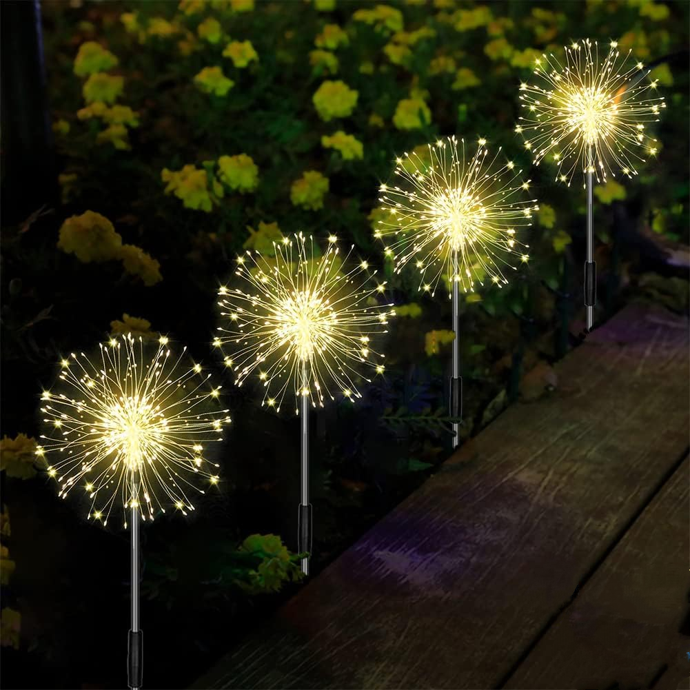 Lampy solarne, oświetlenie ogrodowe, zestaw 4 szt., 120 diod LED, wodoodporne, fajerwerki solarne – ciepła biel