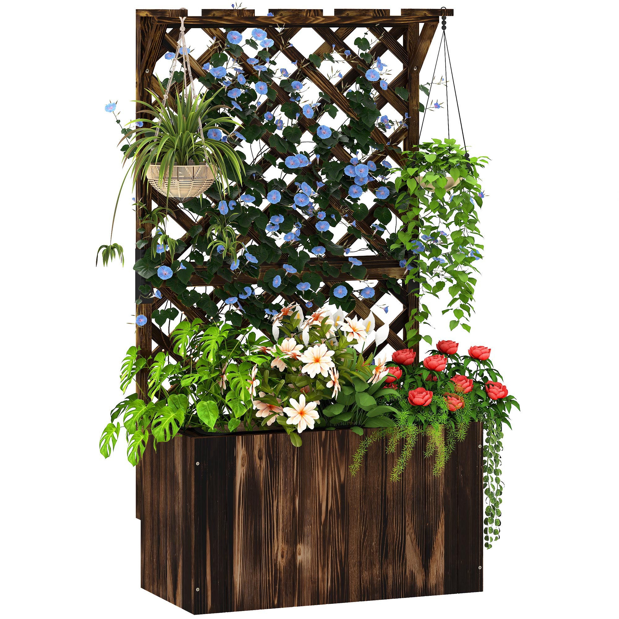 Podwyższona grządka skrzynka na rośliny z Pnący kratka, Espalier Donica skrzynka na kwiaty Drewno, ogród Espalier 64 x 33 x 122cm Charred