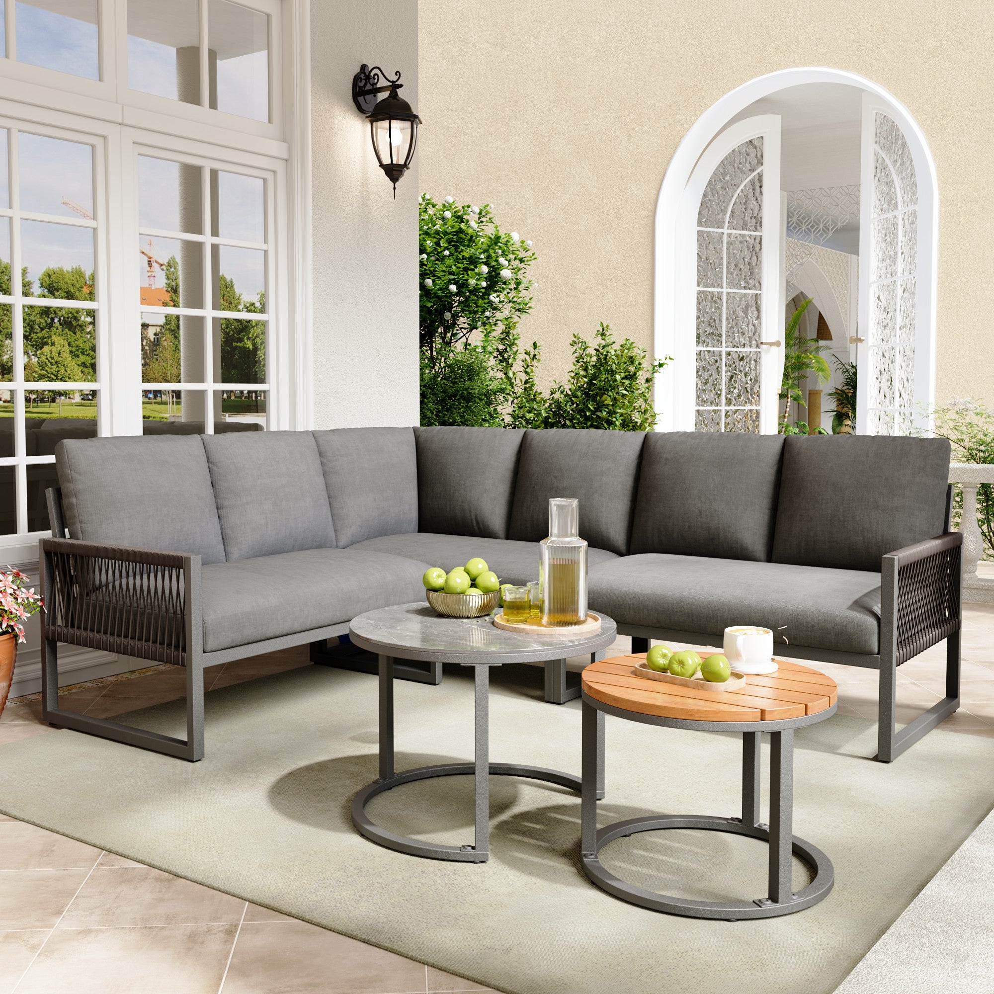 Sofa 123 x 68 x 86 cm, wodoodporna konstrukcja odporna na promieniowanie UV, z regulowanymi elementami, szary, metal oraz poliester