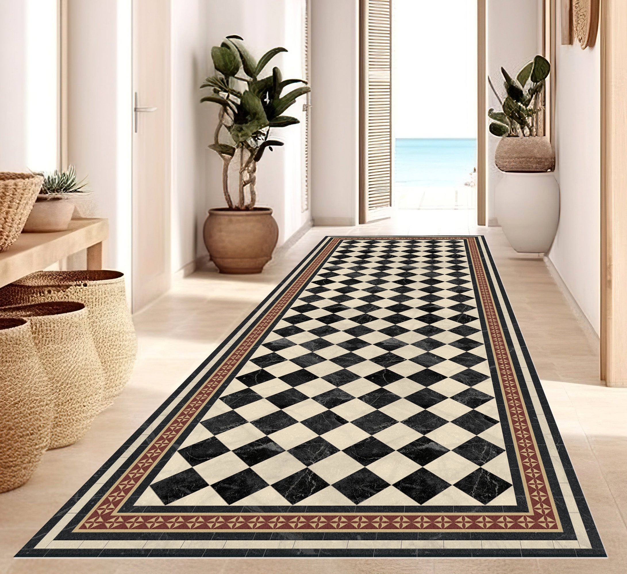 Dywan winylowy Scacchi 66x250 cm - PVC antypoślizgowa, winylowa do kuchni lub salonu, zmywalna, styl hydrauliczny