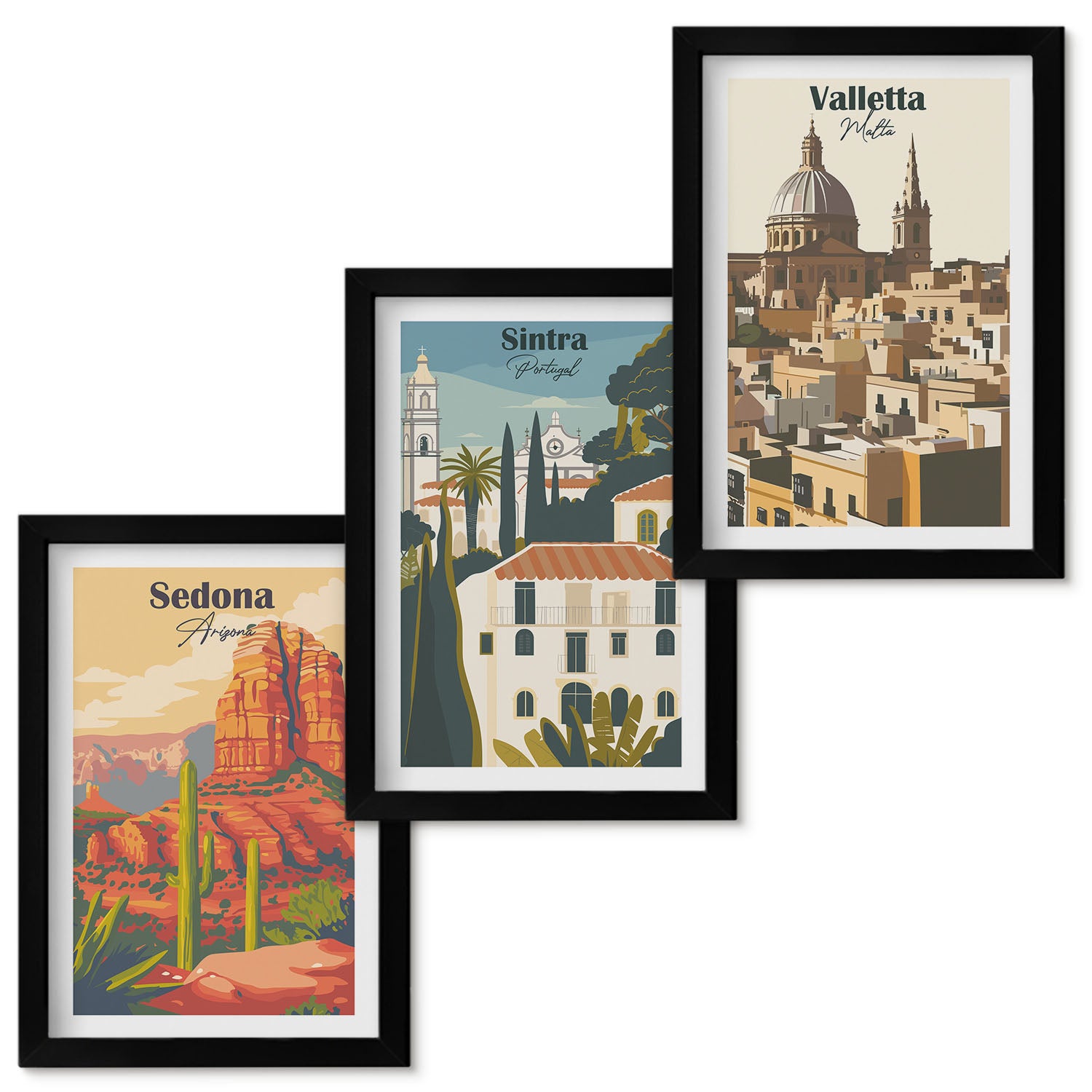 Zestaw obrazów w ramie - 3 części | Widoki miast Sedona Sintra Valletta w stylu retro | Czarna ramka
