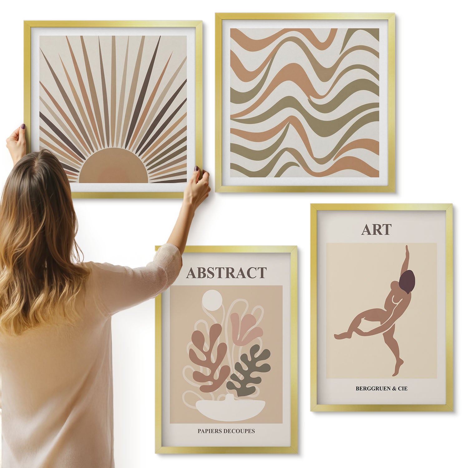 Galeria ścienna 4-częściowy komplet obrazów w złotych ramach - Abstrakcyjne kształty i wzory Matisse boho - ArtPrintCave