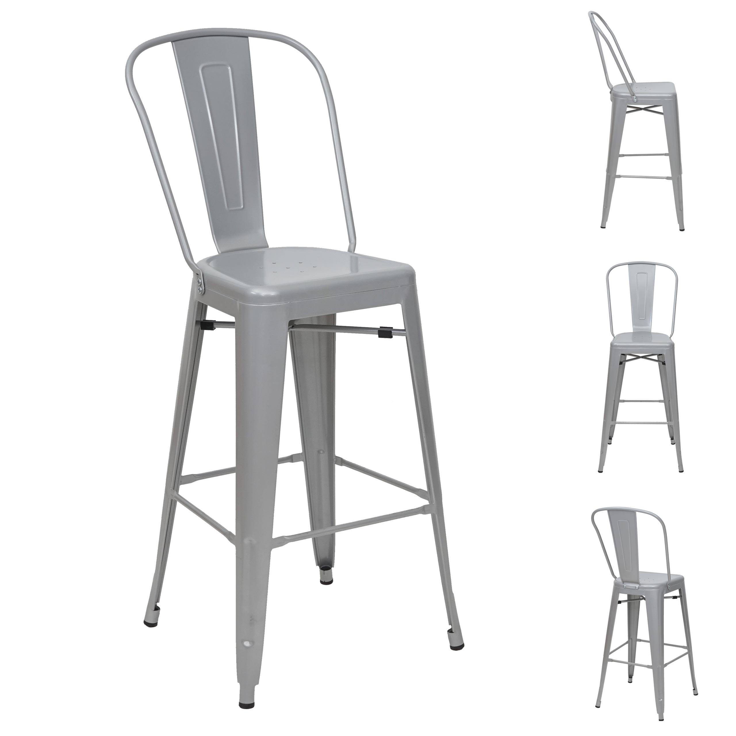 Zestaw 4 stołków barowych HWC-A73, stołek barowy z oparciem, metalowy, industrialny design ~ szary