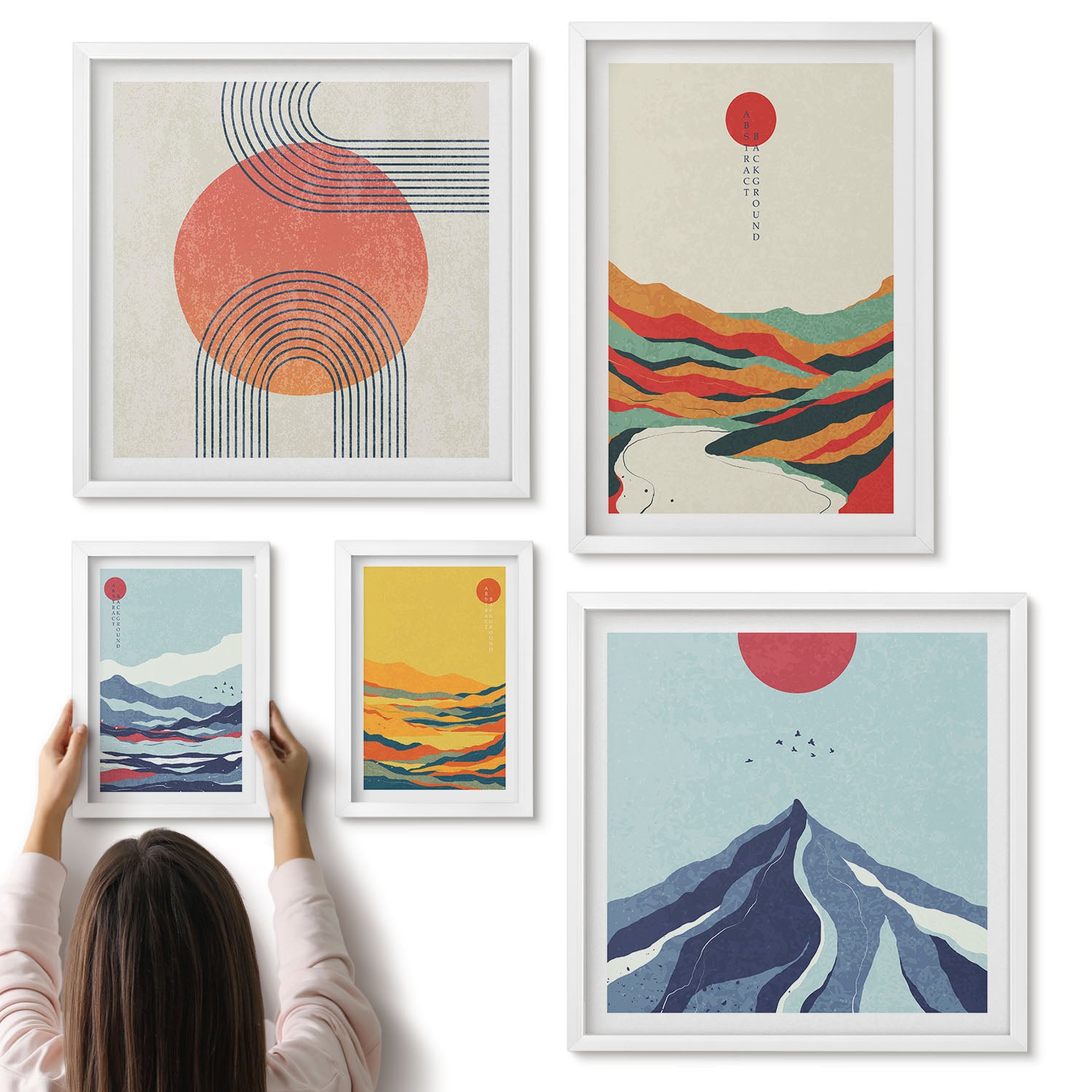 Galeria ścienna 5-częściowy komplet obrazów w białych ramach - Abstrakcyjne krajobrazy górskie z geometrycznymi kształtami - ArtPrintCave