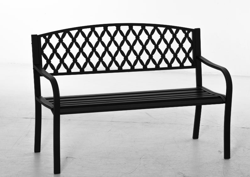 Dwuosobowa ławka ogrodowa z ozdobnym oparciem i podłokietnikami, nośność 240 kg, 128 x 58,5 x 89 cm, kolor czarny.