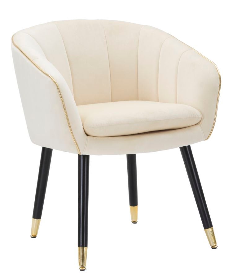 Fotel Paris Glam Cream and Gold – tapicerowany fotel z tkaniny z czarnymi drewnianymi nogami i złotymi detalami, wymiary 62x58x78 cm