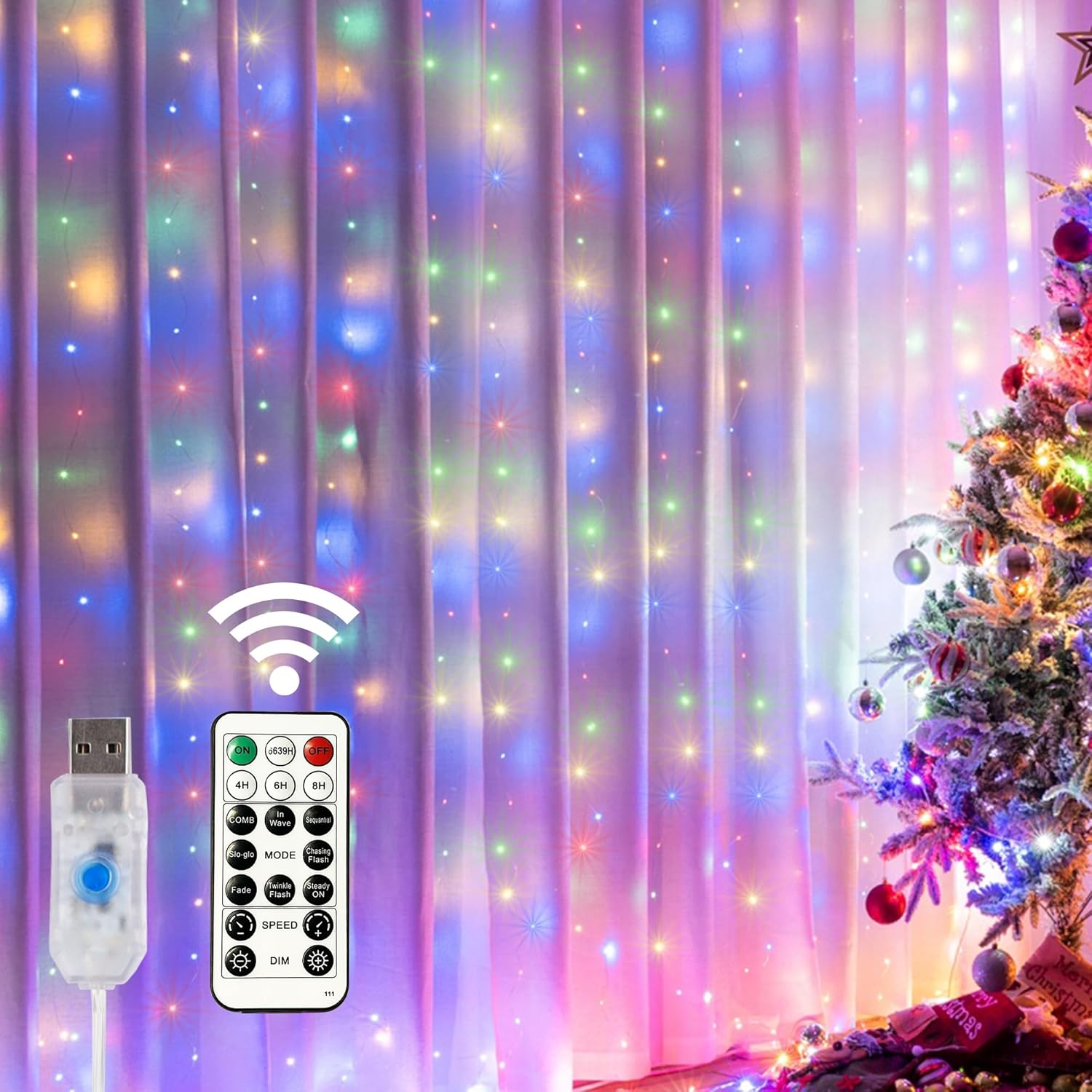 Łańcuch świetlny LED z pilotem, zasilany przez USB, idealny do dekoracji świątecznych, 1 sztuka, kolorowe światełka, 3 x 3 m
