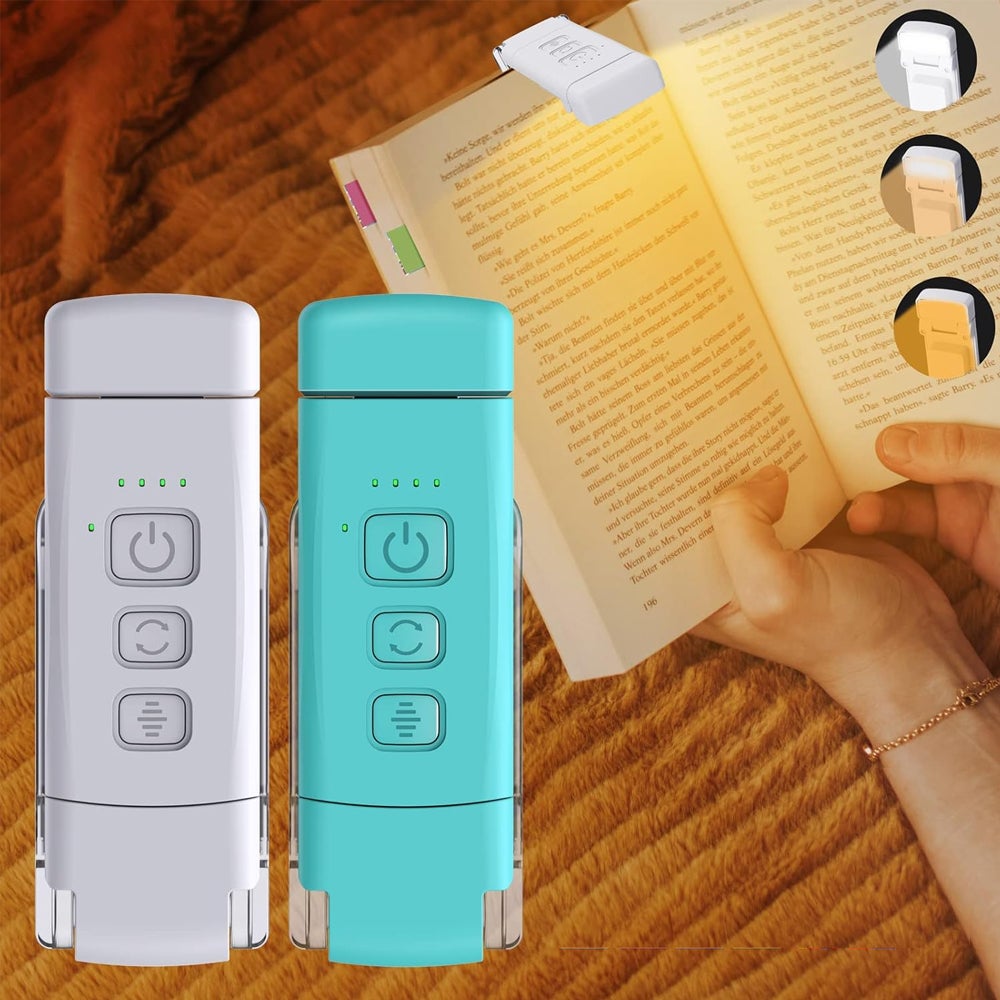 Zestaw 2 lampek LED do czytania ładowanych przez USB, do czytania w nocy, przenośnych i mocowanych na klipsie, 3 kolory, regulowana jasność