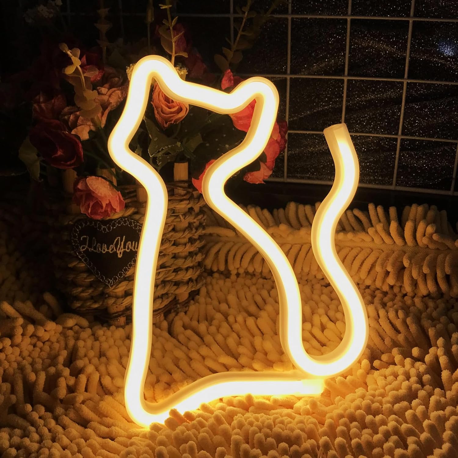 Neonowe znaki z kotami, podświetlana dekoracja ścienna z ustami, neonowy kinkiet z kotem zasilany bateryjnie/przez USB, oświetlenie wewnętrzne do sypi