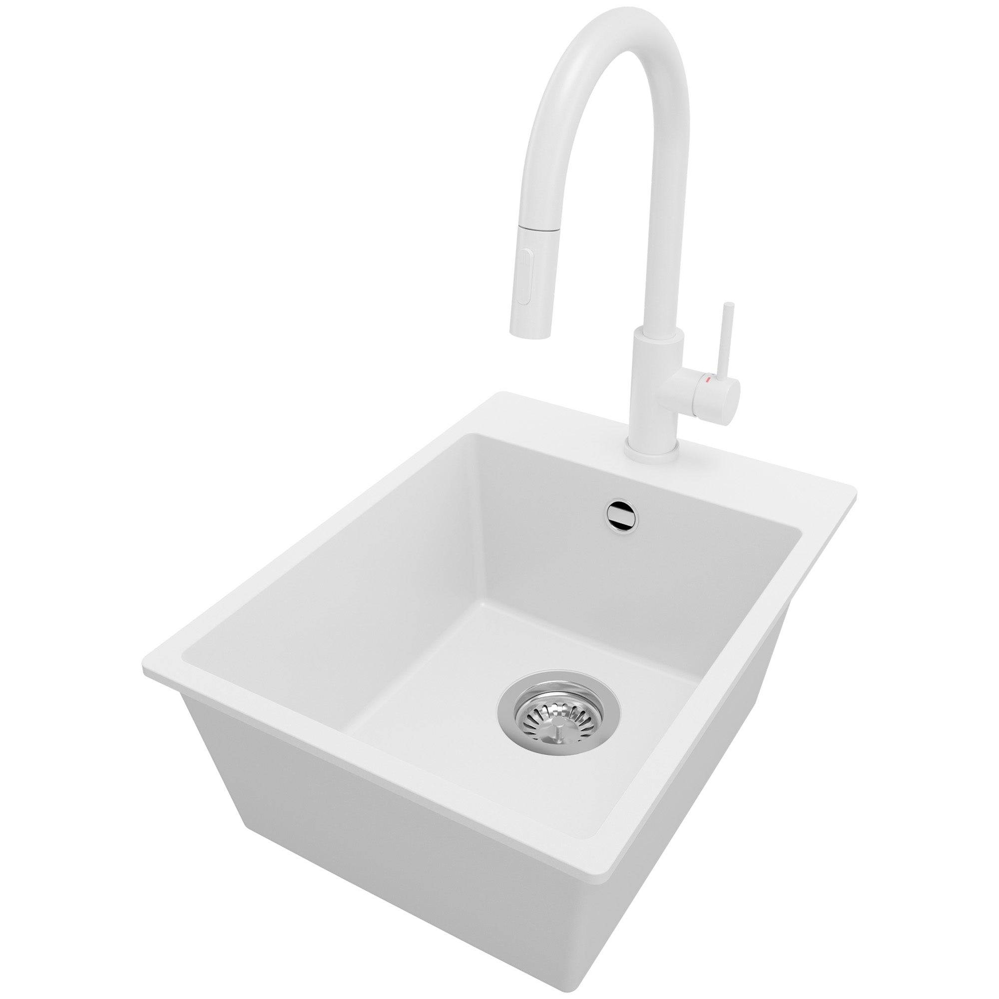 Zlewozmywak Granitowy Biały 38x50cm, Zlew Kuchenny 1 Komorowy + Bateria 40x20cm + Syfon, Nablatowy do szafki od 40cm - Ryga PRIMAGRAN