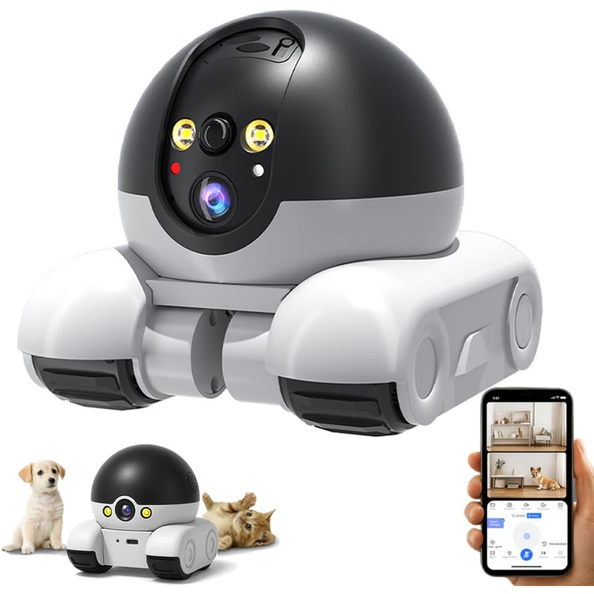 Robot z kamerą, kamera z podwójnym obiektywem 1080p do śledzenia zwierząt, kamera bezpieczeństwa do użytku wewnętrznego z Wi-Fi, śledzenie ruc