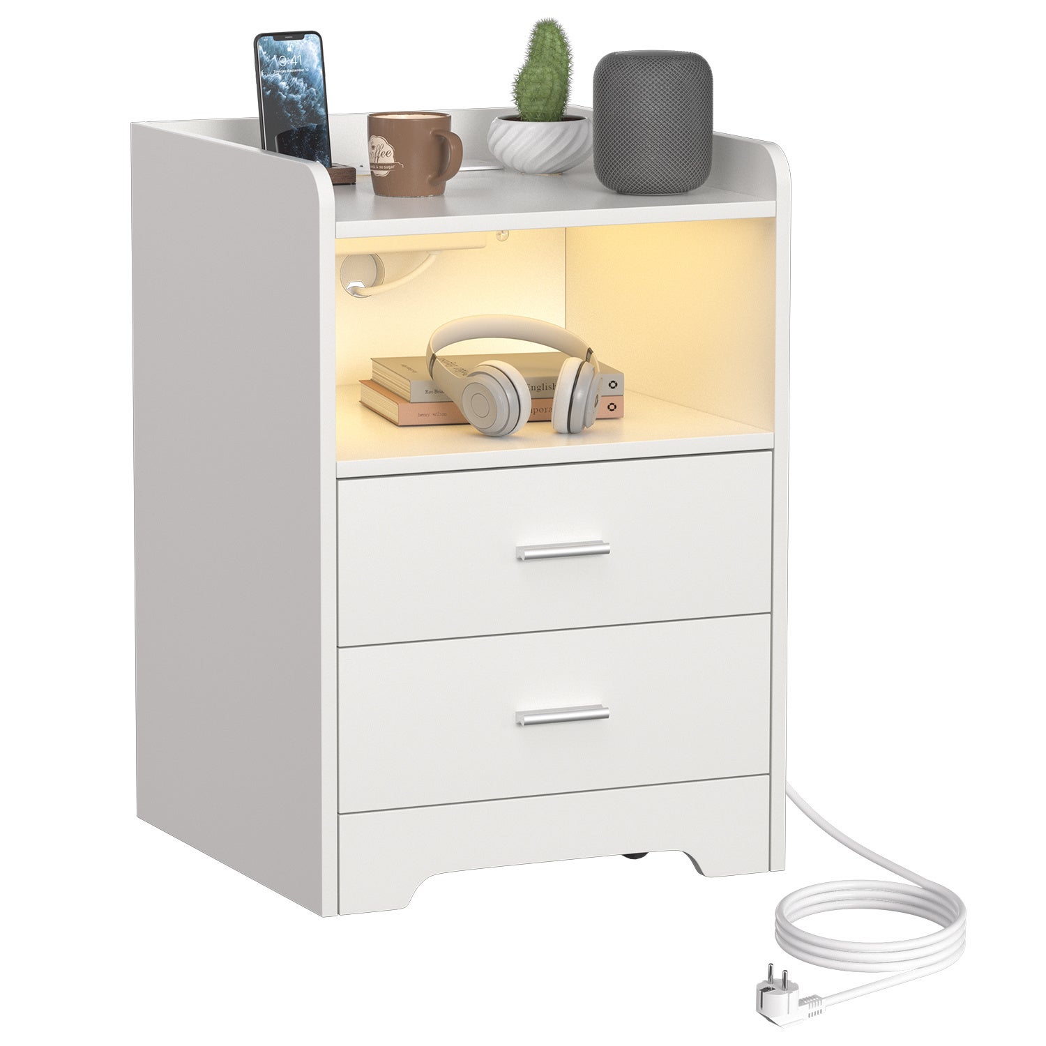 Szafka nocna RGB z regulacją, miganiem, timerem 1/2/4/8 h, 2 trybami muzycznymi i Bluetooth, kolor biały
