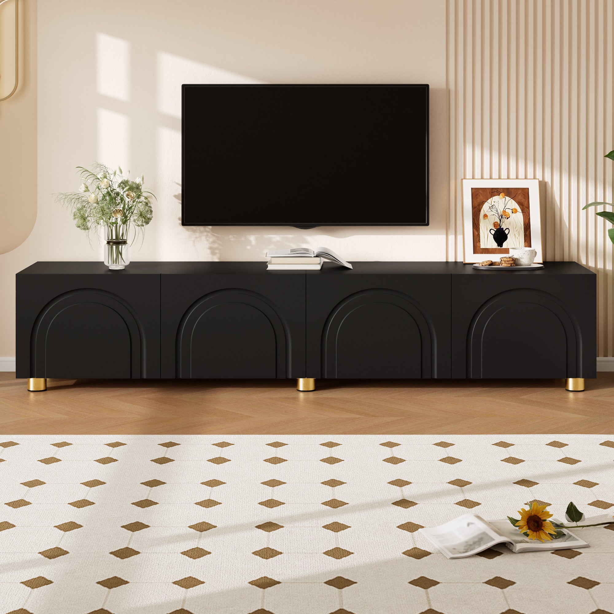 Stojak pod telewizor z 4 drzwiami o łukowym wzorze 3D - 180 x 35 x 40 cm - Płyta wiórowa i MDF - Nogi metalowe - Kolor czarny