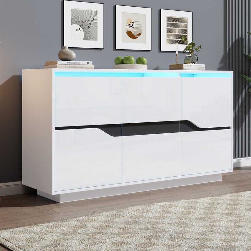 Komoda do salonu z LED, biało-czarny front na wysoki połysk, 3 drzwi bez uchwytów i regulowane półki, 140 x 40 x 70 cm