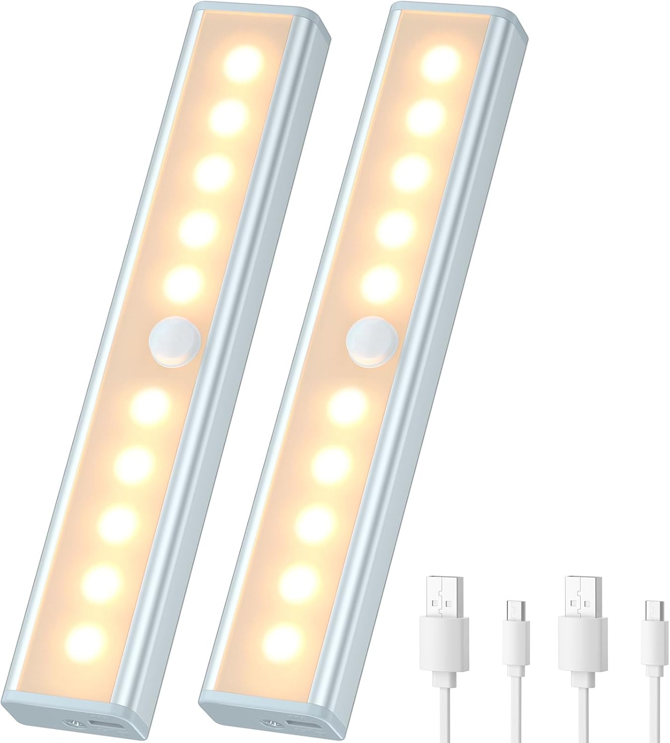 2 szt. Bezprzewodowa Lampa z Czujnikiem Ruchu, Ładowana przez USB, 10 LED z Paskiem Magnetycznym - Do Schodów, Sypialni, Szafy