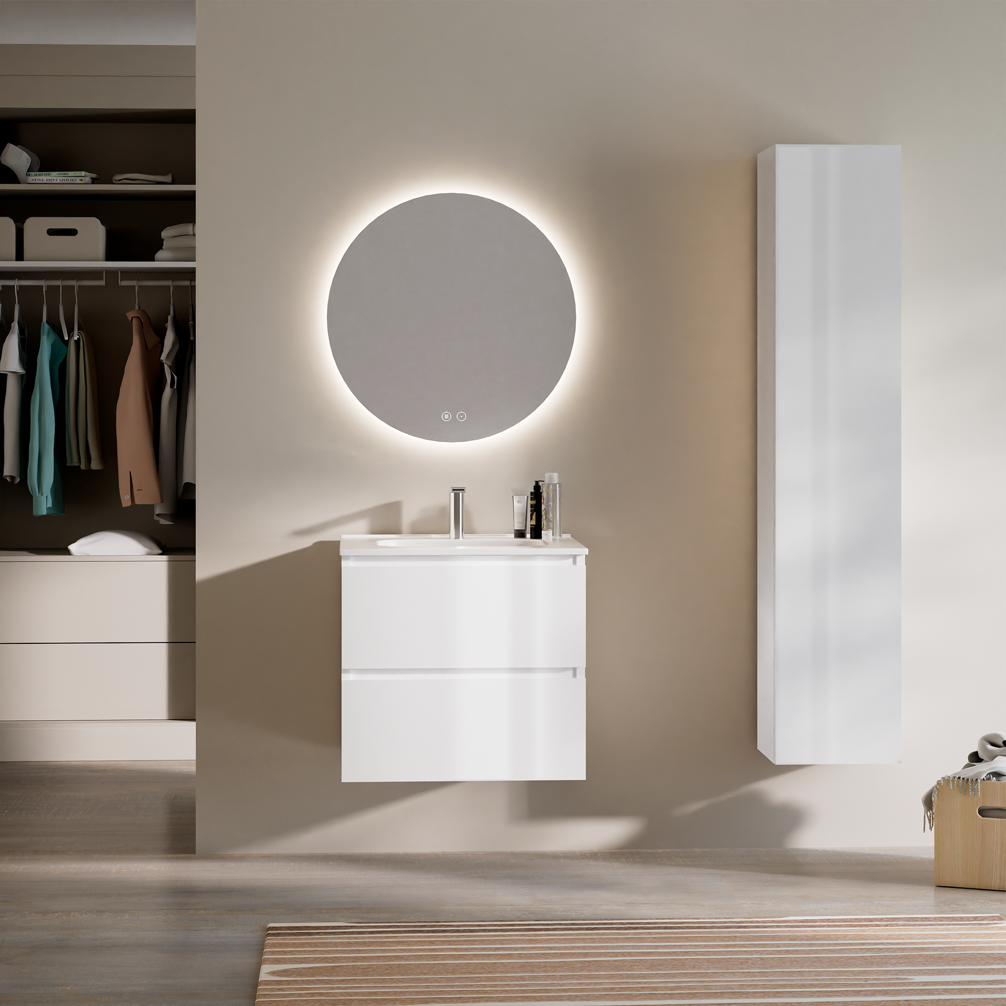Feel Your Bath Zestaw mebli łazienkowych PANTER 60 cm, biały połysk, 2 szuflady, biała umywalka ceramiczna, okrągłe lustro LED