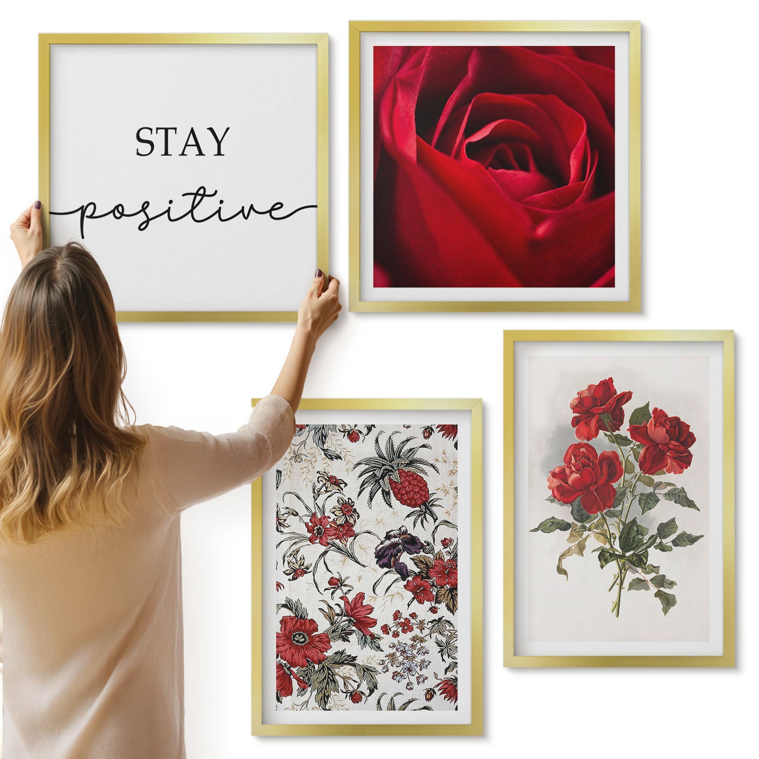 Galeria ścienna 4-częściowy komplet obrazów w złotych ramach - Czerwone kwiaty róże i inspirujący napis - ArtPrintCave