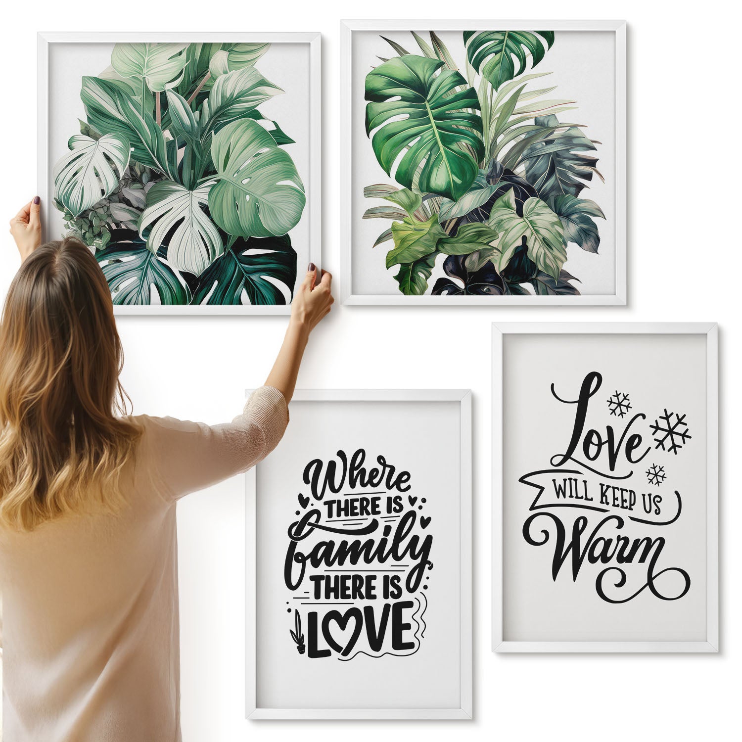 Galeria ścienna 4-częściowy komplet obrazów w białych ramach - Rodzina miłość dom ciepło liście roślin akwarela - ArtPrintCave