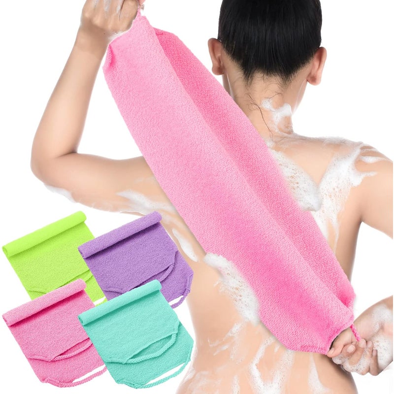 Peelingujący peeling do pleców z uchwytem. Zestaw 4 nylonowych ręczników peelingujących do pleców z elastycznym paskiem.